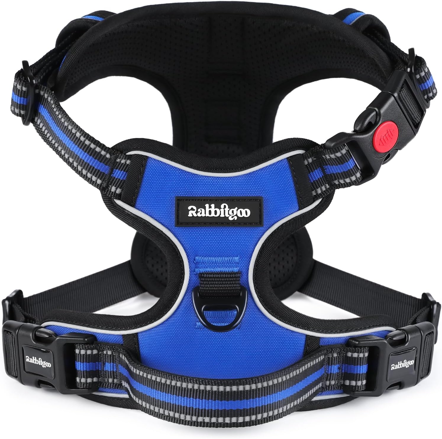 rabbitgoo Dog Harness Medium with Neck Release Buckle, Adjustable No Pull Harness with Front Back Clips, Soft Padded with Easy Control Handle, Reflective Pet Walking Vest, Blue, M