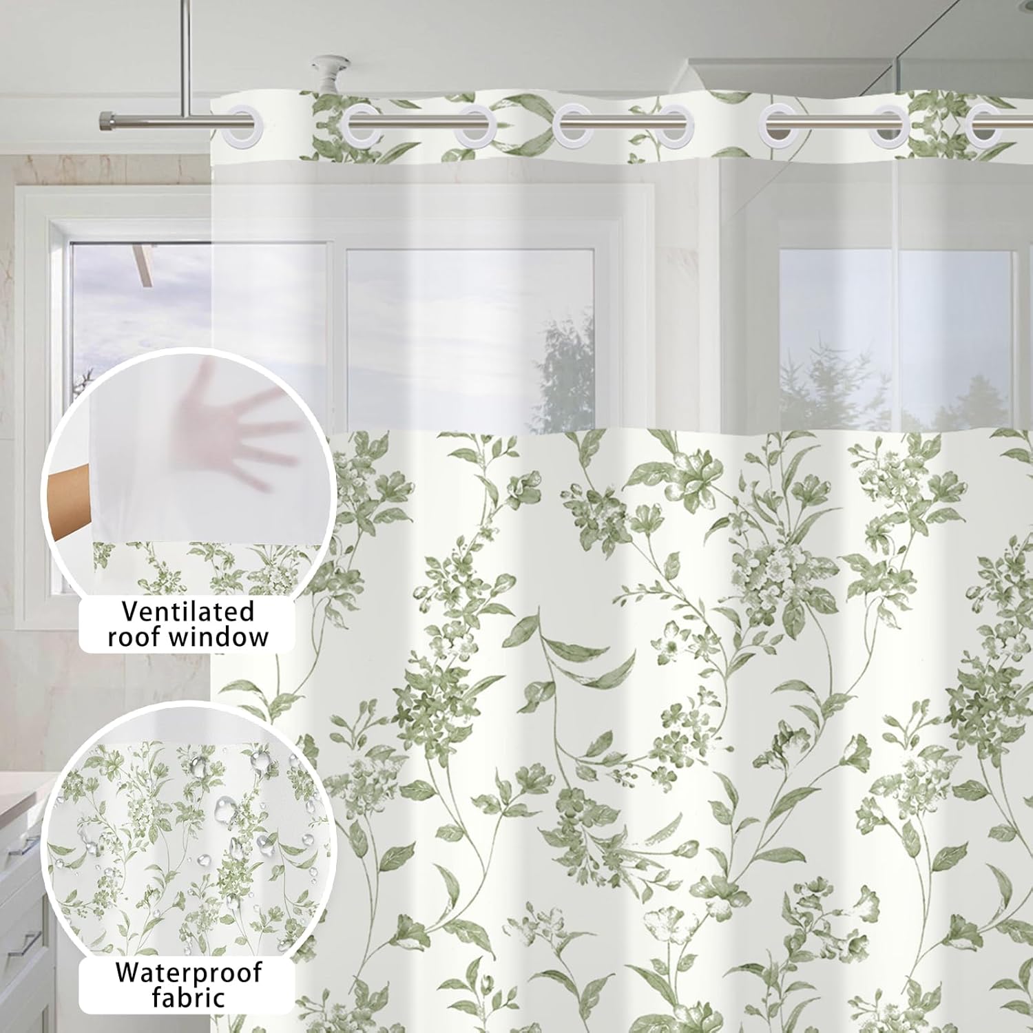 No Hook Floral Shower Curtain and Liner Set - 71 x 74Inch Green Flower Waterproof Bath Curtain with Mesh Top Window for Farmhouse and Modren Bathroom