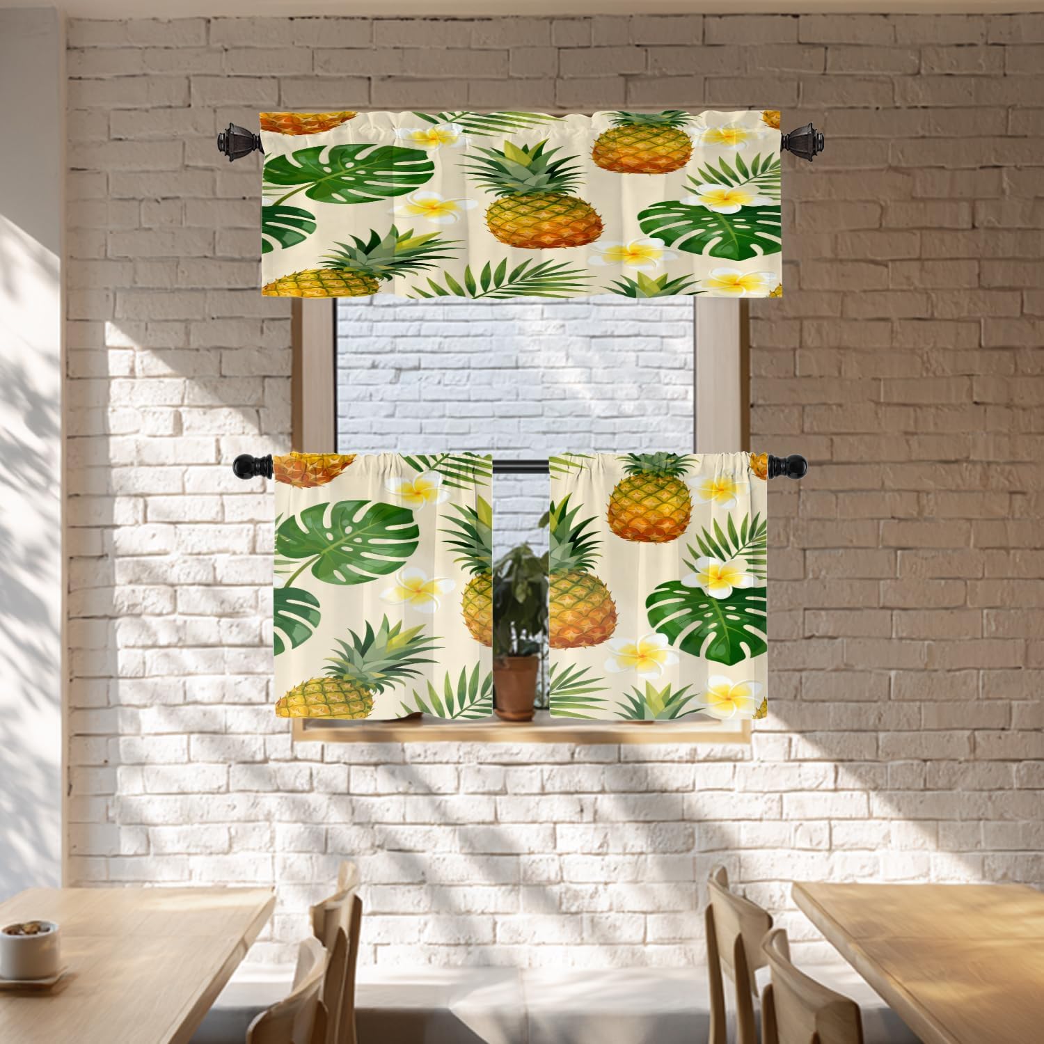 Batmerry Beautiful Floral Tropical Kitchen Valances Half Window Curtain, Beautiful Floral Pattern Pineapple Tropical Flowers Palm Leaves Kitchen Valances for Windows for Decor Reducing The Light