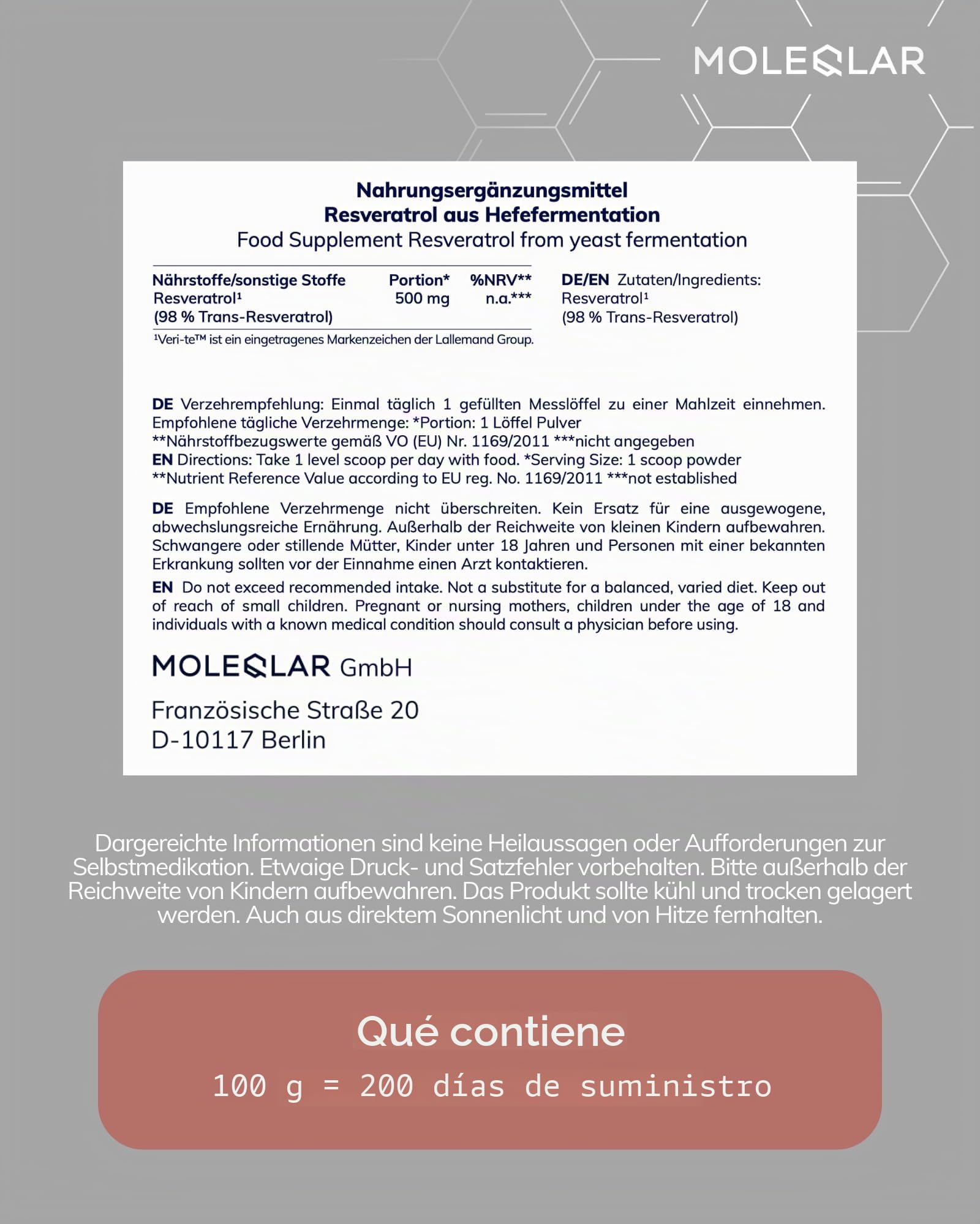 MoleQlar Resveratrol en polvo 100 g - Suplemento dietético de fermentación de levadura con 500 mg por porción - Formato fino para mezclar, apto para llenado de cápsulas y consumo diario de rutina