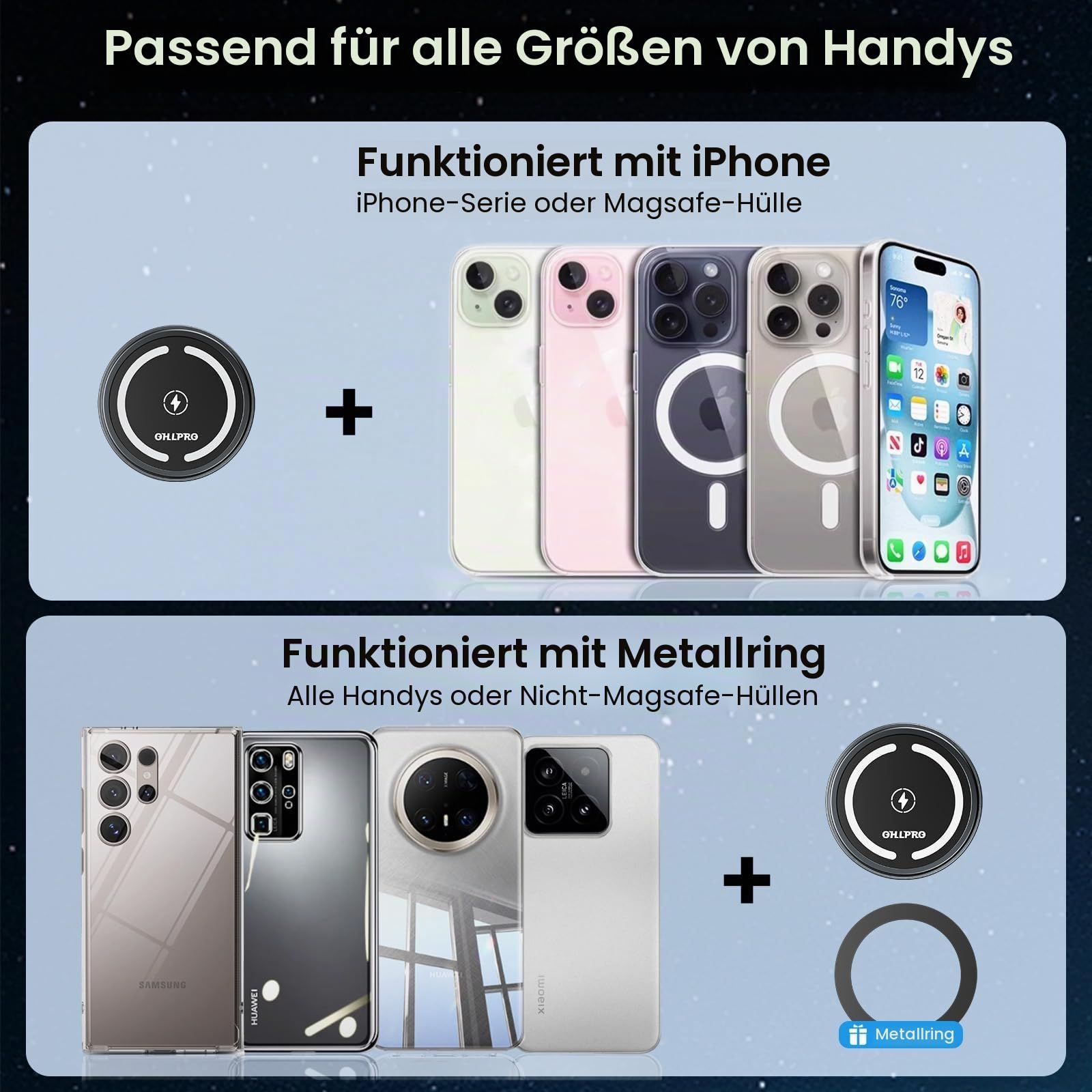 OHLPRO MagSafe Kfz-Ladehalterung, 15 W QC 3.0 Schnellladung für iPhone 17 Pro Max, Pro, Plus, 16, 15, 14, 13, 12 Serie, Selbstklebende Handyhalterung für Armaturenbrett und Lüftungsschlitze