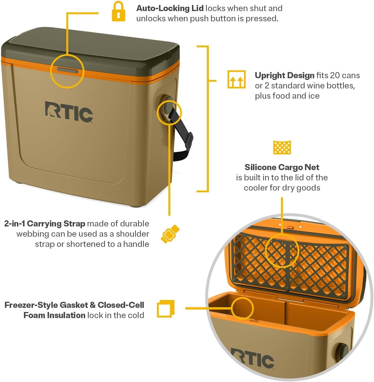 RTIC 16 Qt Road Trip Cooler, Hard Insulated Portable with Strap and Handle for Outdoor, Beach, Picnic, Camping, Sports, Travel
