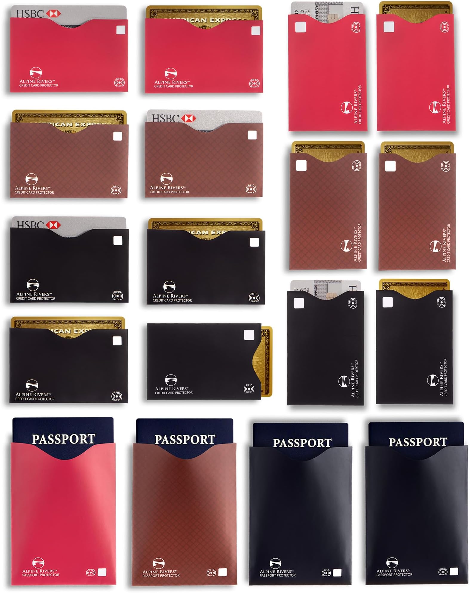 RFID Blocking Sleeves 18 Pack - 7 Top-Load and 7 Side-Load Credit Card Protectors, 4 Passport Sleeves, 13.56 MHz NFC Blocker, Multi-Color Assortment