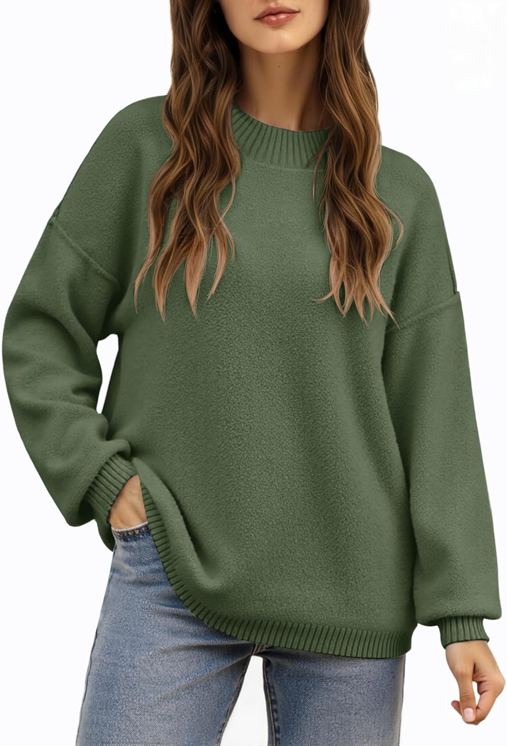 Saodimallsu Womens Crew Neck Sweater Tops Long Sleeve Fuzzy Fall Casual Loose Cozy Knit Pullover Sweaters