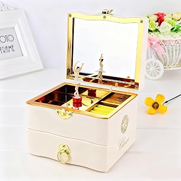 Musical Box,Elegant Musical Jewelry Box with Dancer, Vanity Mirror,Girls Vintage Musical Jewellery Box with Dancer Jewelry Storage Case with Drawer for Girls,White,13.4x11.2x19.2cm