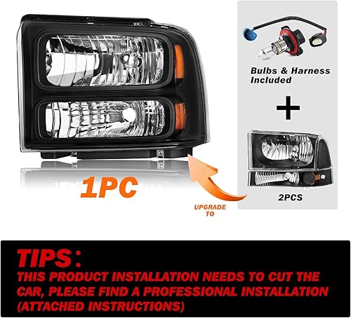 Miniatura 10 de SOCKIR Conjunto de faros delanteros para Ford F250 F350 F450 F550 Super Duty 1999-2004  Ford Excursion 2000-2004 carcasa cromada reflector ámbar