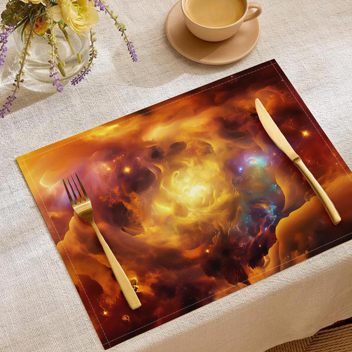 Set de table lin nébuleuse fantastique orange lavable de 8 pièces