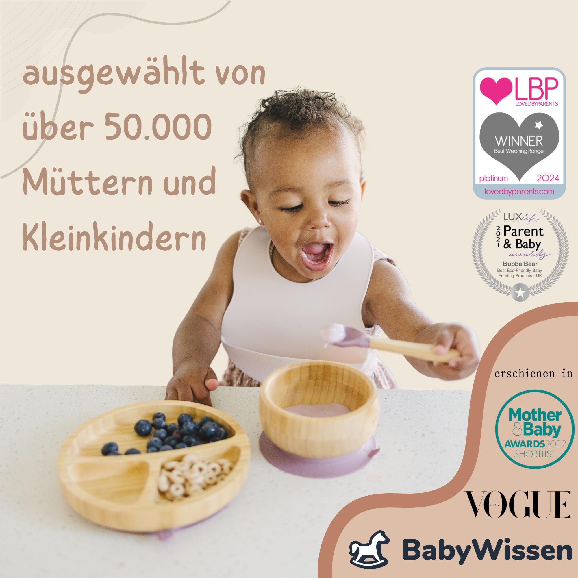 Bubba Bear Kindergeschirr-Set | Kinderteller mit Saugnapf | Geschirrset für Kleinkinder | Unterteilter Babyteller | Bambus Babygeschirr mit Löffel fürs Essen und Füttern | Baby Teller (Holunderbeere)