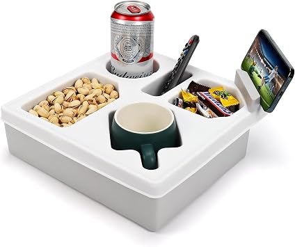 Couch Cup Holder Tray, Silicone Sofa Couch Caddy for Bed Car Seat Beach Organizer, Waterproof Cup Holder with Phone Stand for TV Remote, Snacks, Drinks, Cellphone White