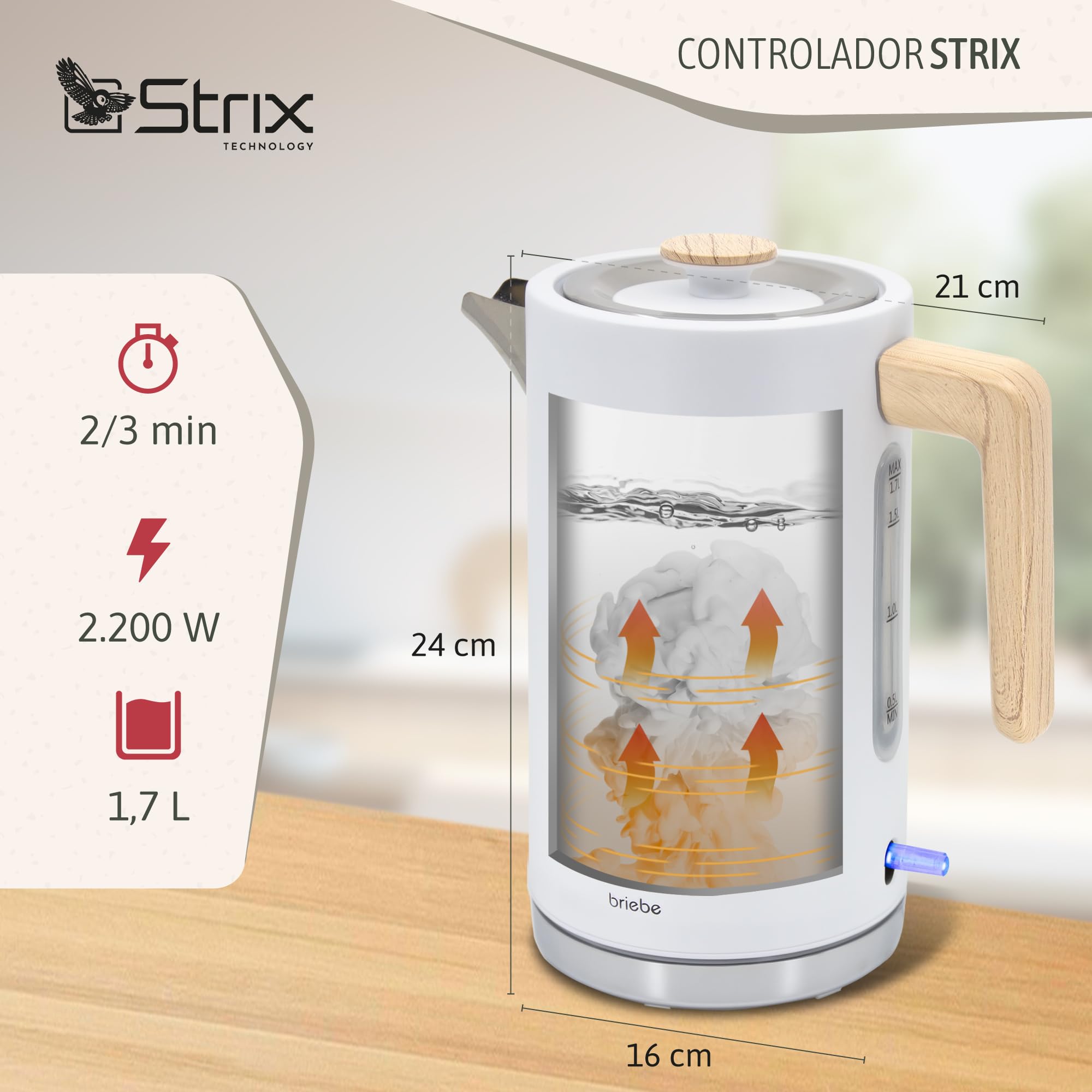 briebe Nordic Hervidor Agua Eléctrico 1,7L Inalámbrico, Tetera Infusiones 2200W Ebullición Rápida, Libre BPA, Base 360°, Controlador Strix, Apagado Automático, Diseño Nórdico, Asa Efecto Madera Blanco