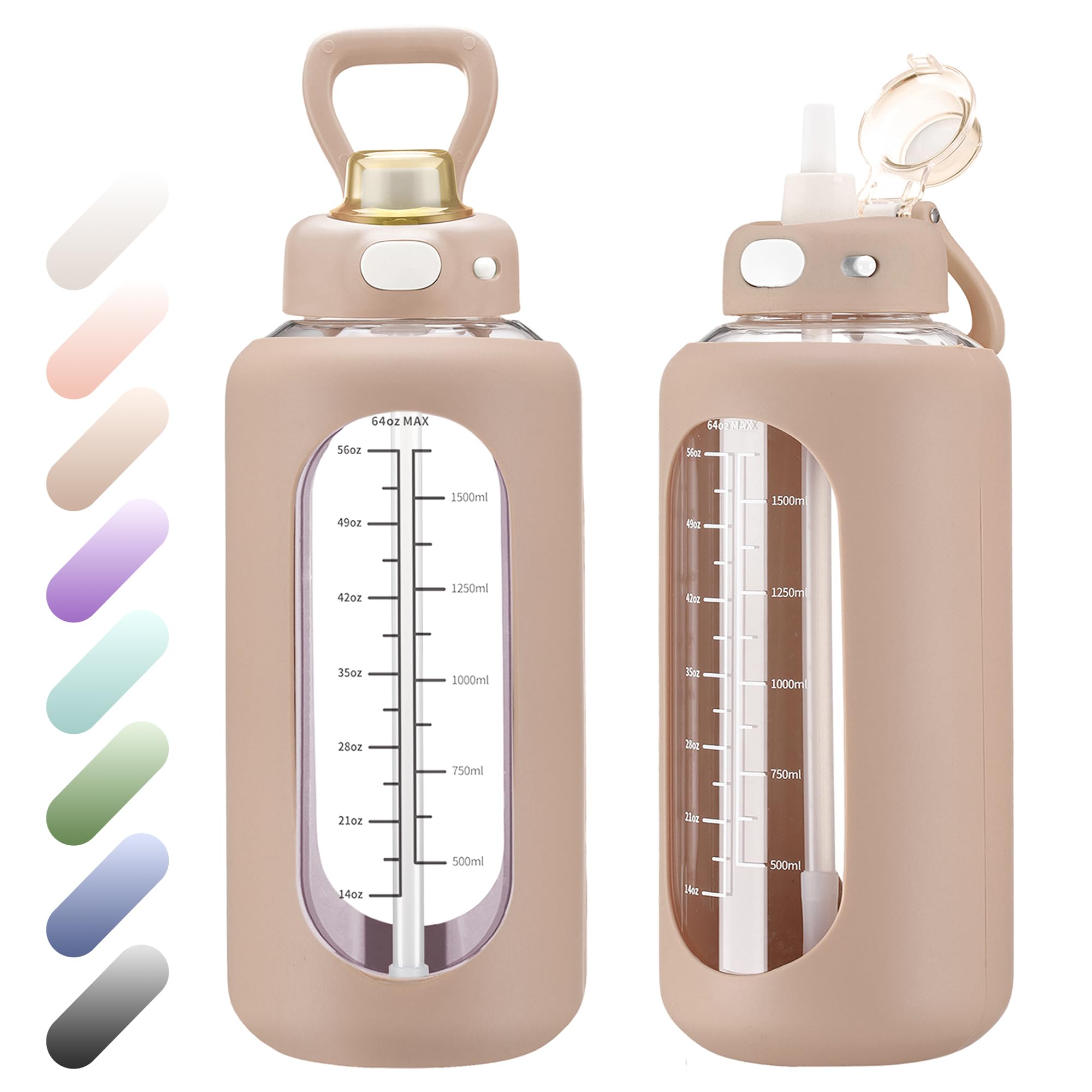 SIEROZUR 42 oz Glass Water Bottle with Straw and Handle Half Gallon Large Water Bottle with Silicone Sleeve and Time Marker Sports Water Jug Wide