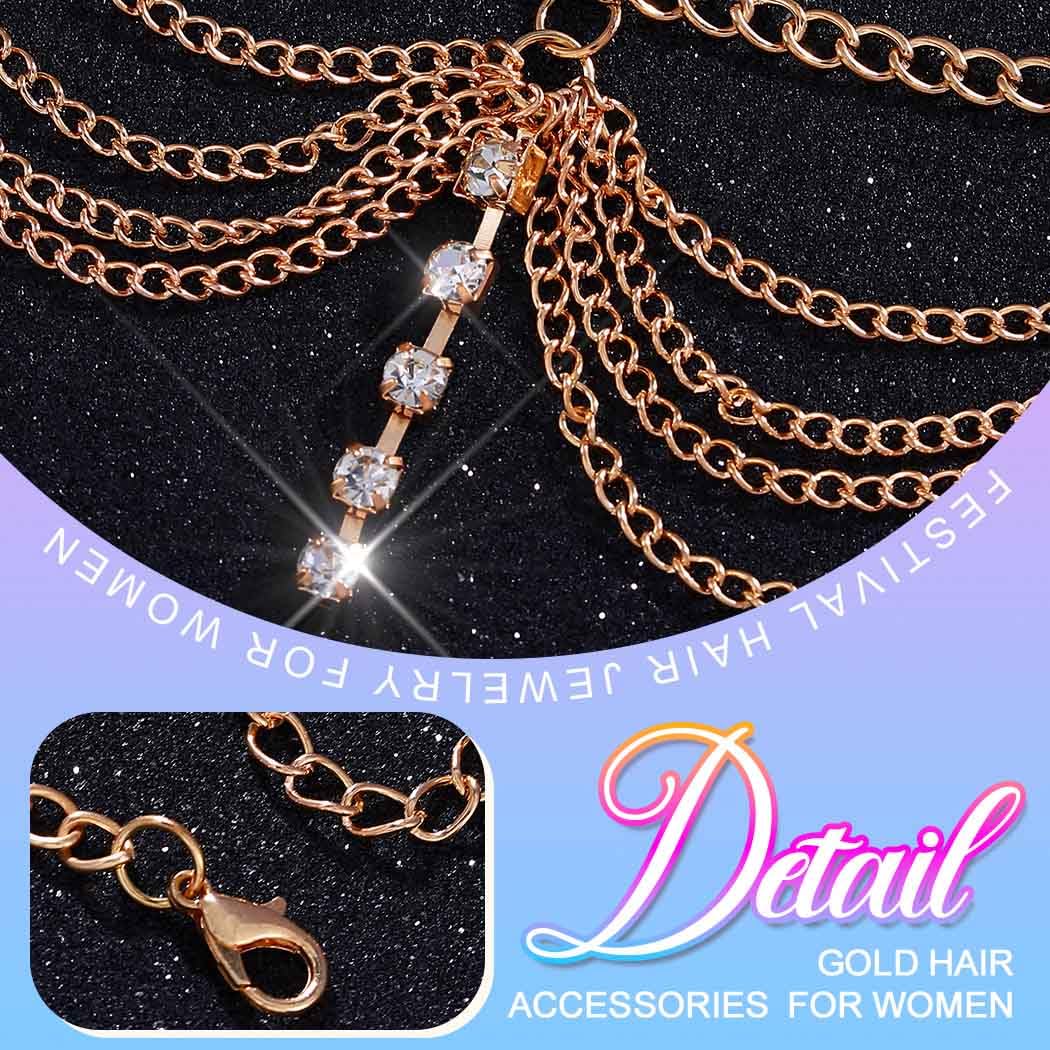 BARTOSI Rhinestone Gold Head Chain Boho Headpiece Accessories for Women | Boho Head Chain Gold Crystal Forehead Headband Layered Wedding Hair Jewelry
