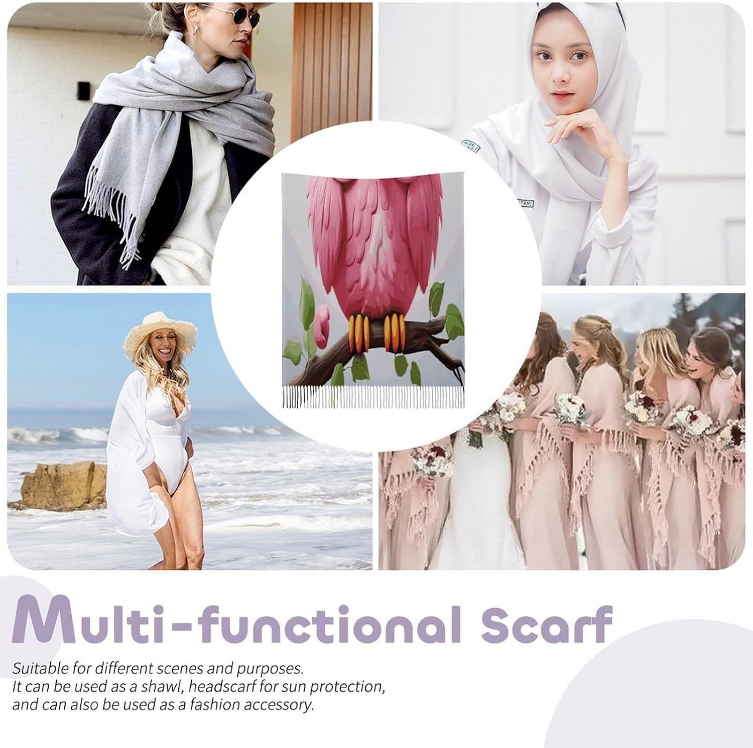 A Pink Owl Scarf for Women Men Soft Warm Fashion Blanket Scarves Classic Cashmere Feel Scarf Long Shawl Large Scarves Cold Weather Thick Blanket Scarfs