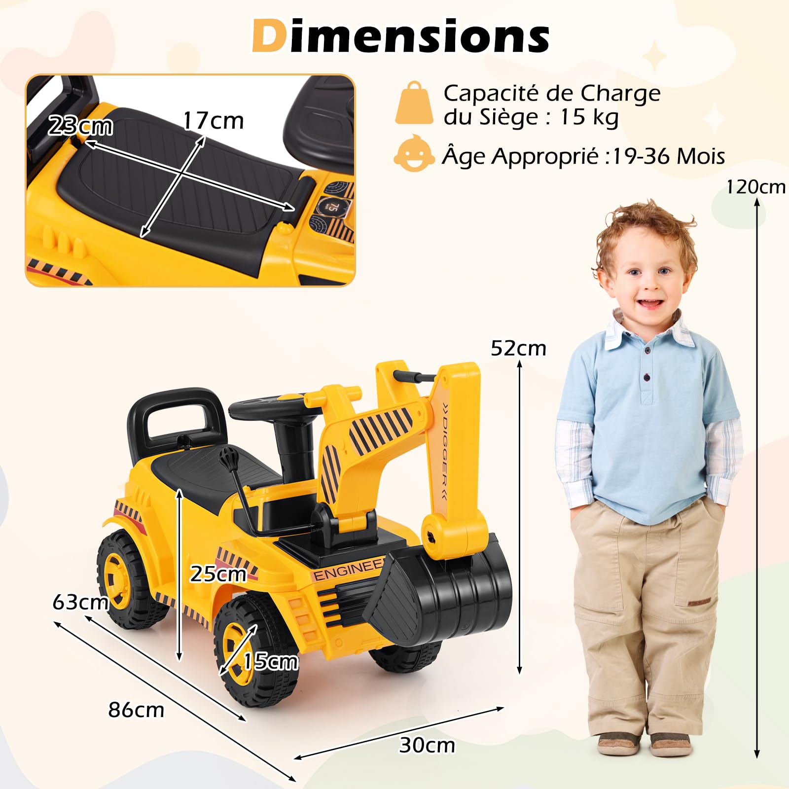 COSTWAY Tractopelle Enfant avec Pelle Réglable & Son du Moteur, Pelleteuse Enfant avec Bloc Anti-basculement, Espace Caché, Charge 15KG, Excavateur pour Enfant de 19-36 Mois