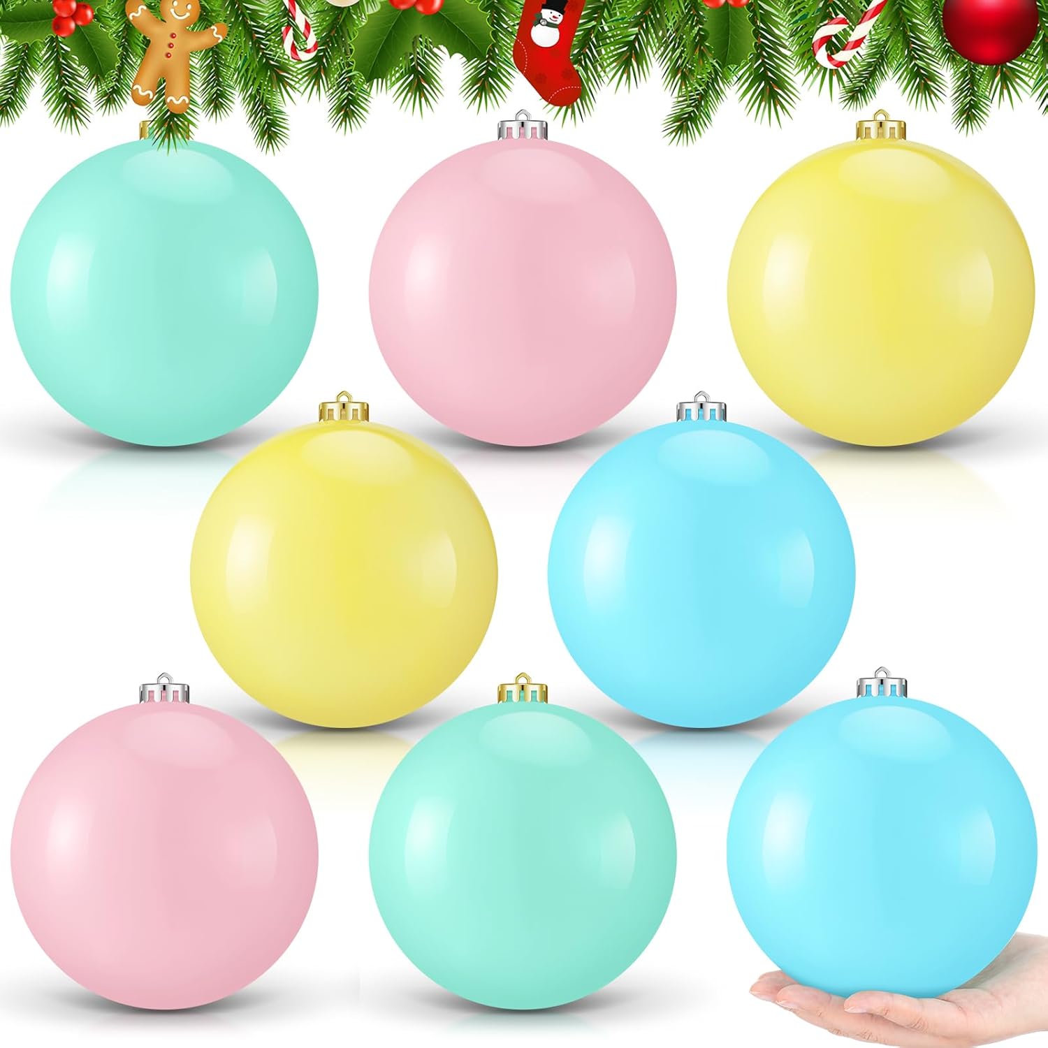 8-Pack 6-inch Christmas Decorative Shatterproof Balls Pastel Colors Large Glossy Plastic Christmas Tree Balls Ornaments with Hanging String for Trees Windows Walls and Porches