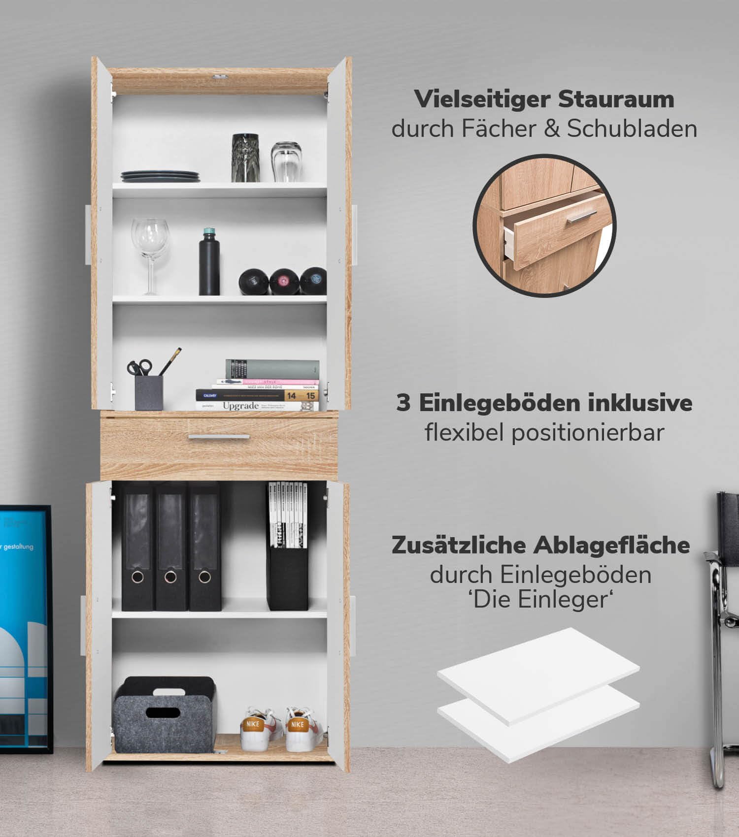 mokebo Mehrzweckschrank Set 2-teilig 'Die Allzweckwaffe', Schrank-Set mit Midischrank & Hochschrank in Sonoma Eiche BZW. Braun, nutzbar als Aktenschränke, Büroschränke oder Allzweckschränke