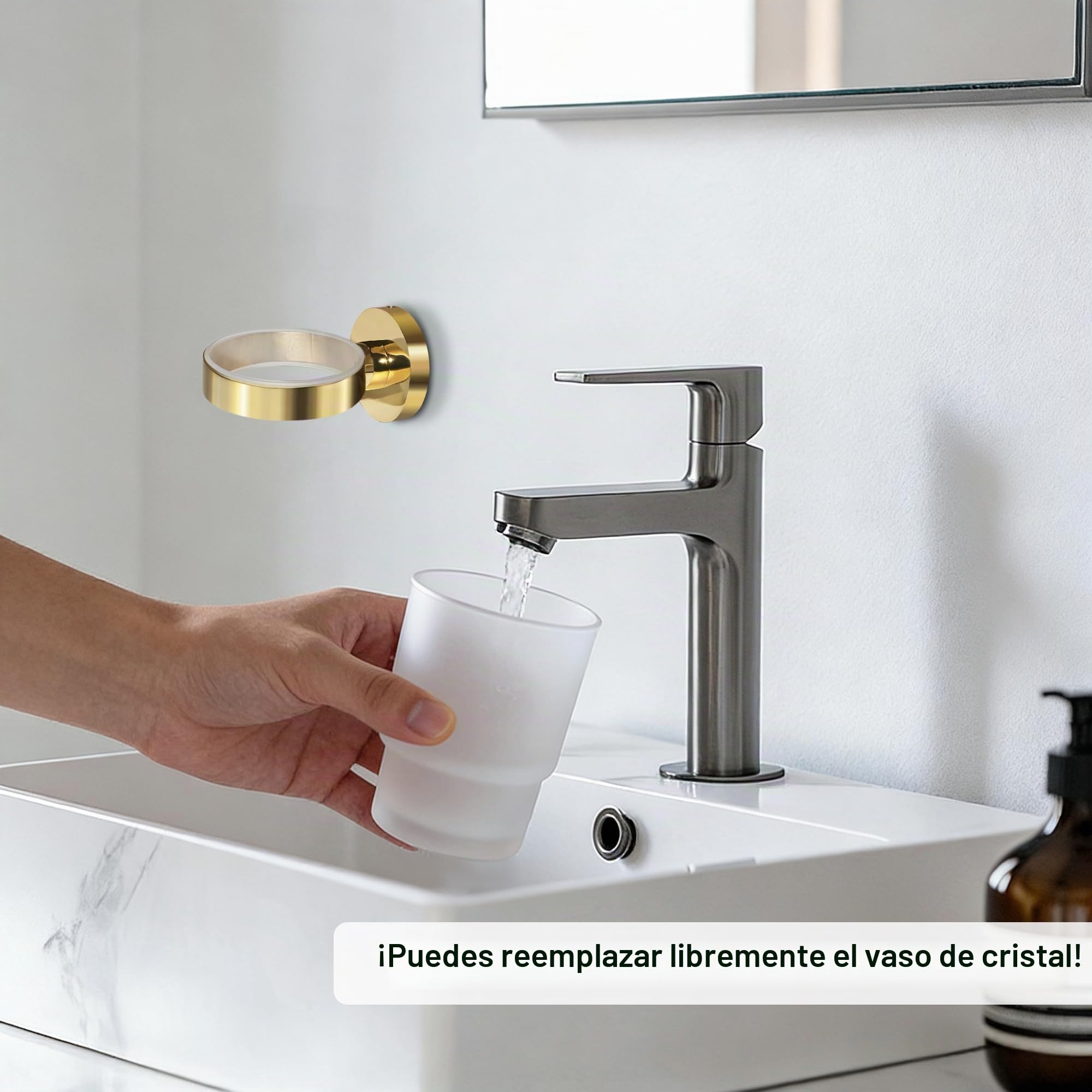 Soporte para Cepillo de Dientes de Pared con Vaso de Vidrio Esmerilado de Acero Inoxidable (un Solo Dorado)