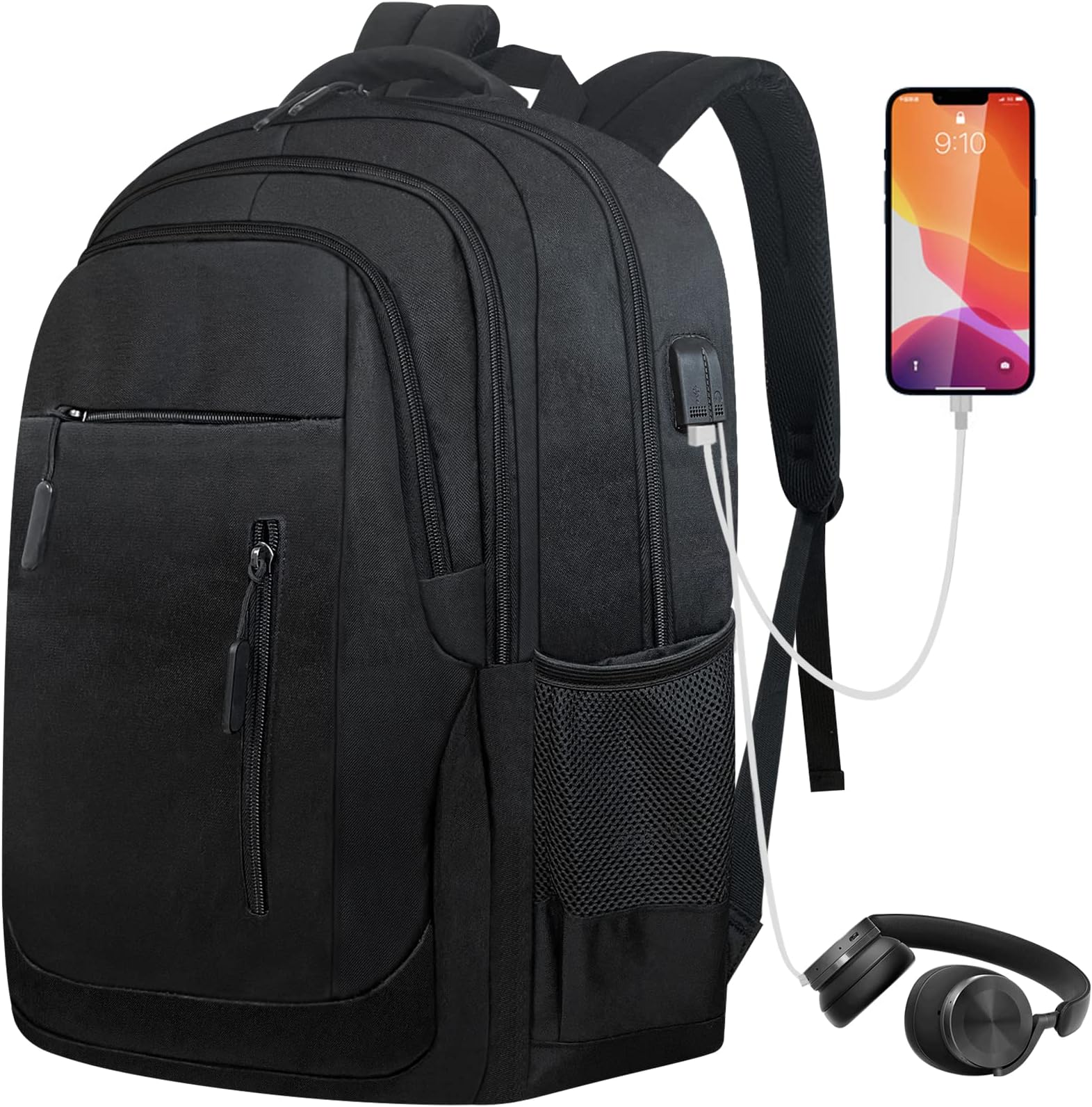 Ogetok Travel Backpack for Men,Business Laptop Backpacks,Casual Computer Daypack School College Students Bookbag with USB Charging/Headphone Port for Women Teens Boys Fits 17.3 Inch Notebook, Black