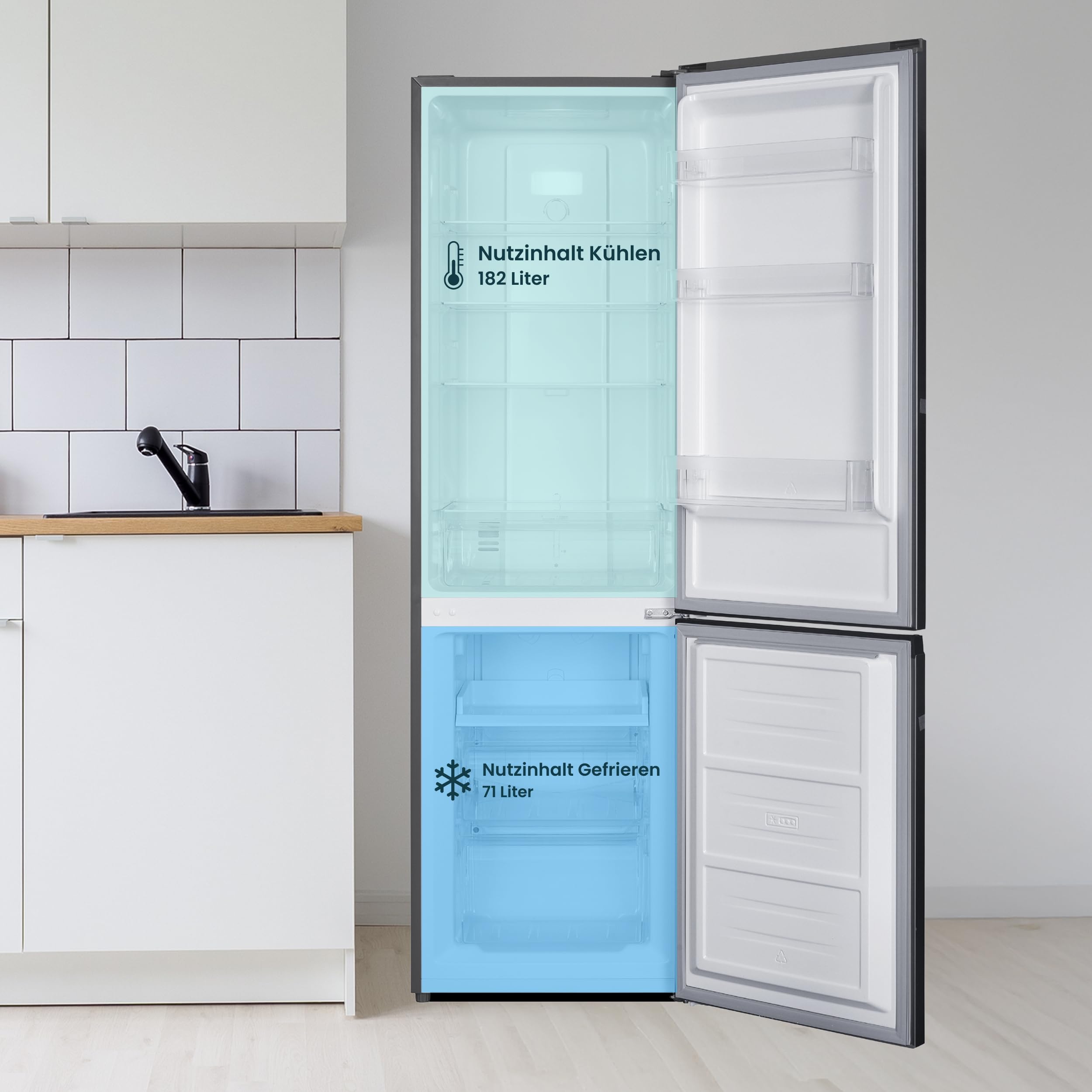 homeX Kühlschrank mit Gefrierfach No Frost, Kühl-Gefrier-Kombination freistehend, groß - 253 Liter, Super-Frost-Funktion, leise Kühlgefrierkombi, EEK C, Kühl Gefrierkombination, silber, CFSN2531C-S