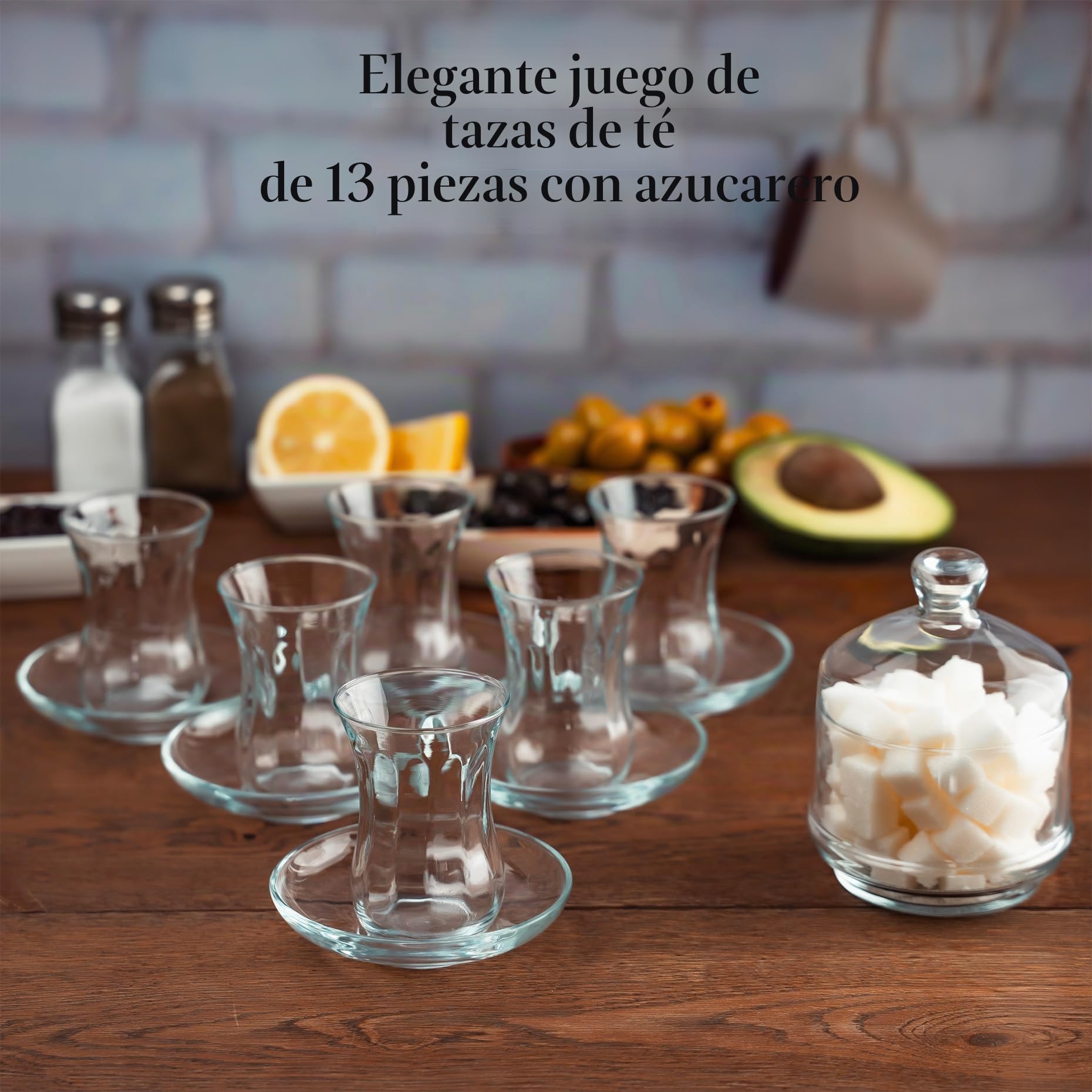 Juego de Té Turco Tradicional con Diseño,13 Piezas, Incluye: 6 Tazas de Té de Vidrio (115 ml/4 oz), 6 Platillos y un Azucarero con Tapa de Vidrio (260 ml/8,7 oz)