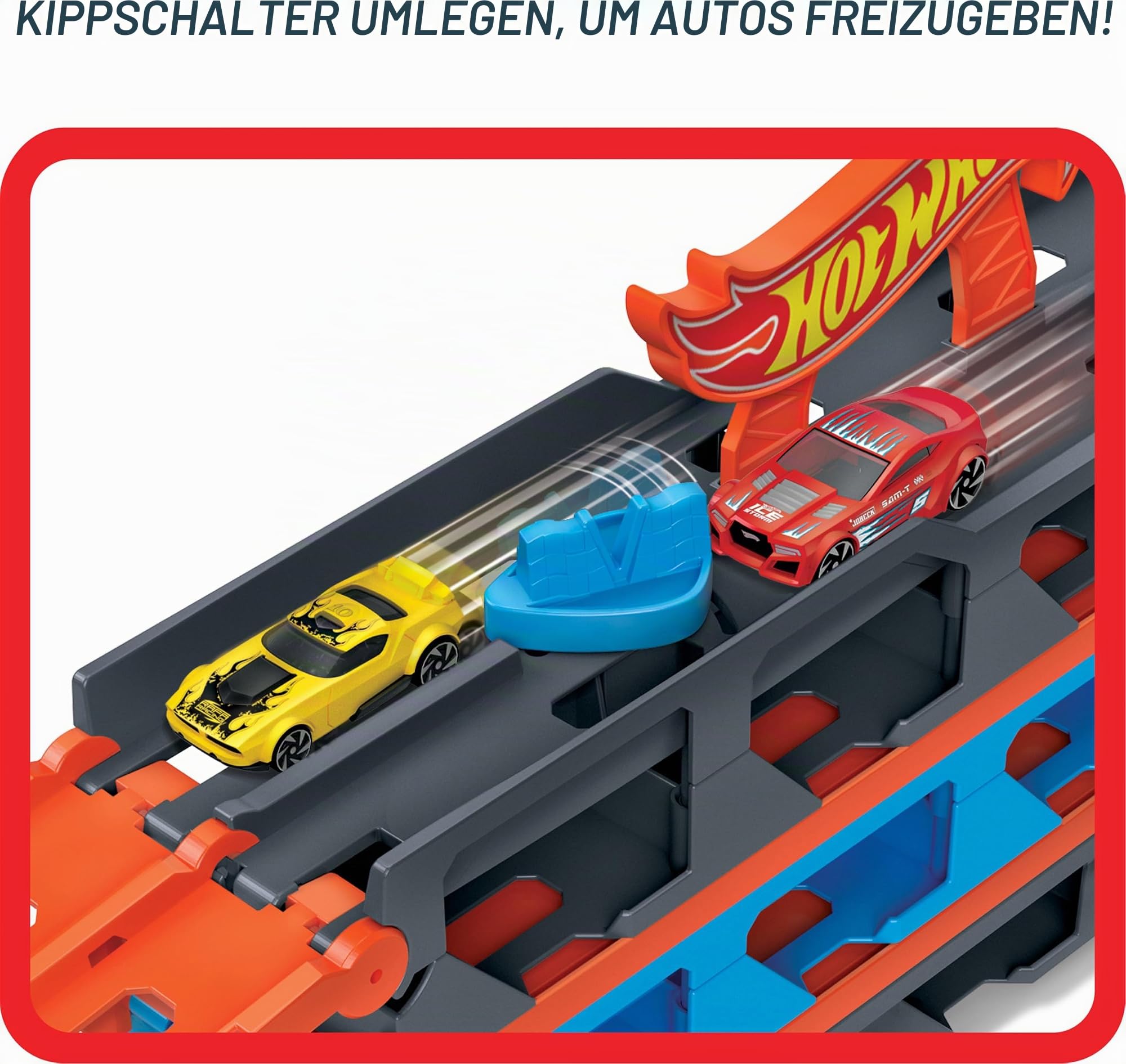 Hot Wheels 2:1 Autorennbahn zu Transporter, inkl. 3 Spielzeugautos, mit Doppelstarter, Auslösefunktion und Weiche, Platz für 20 Autos, Spielzeug ab 4 Jahre, GVG37