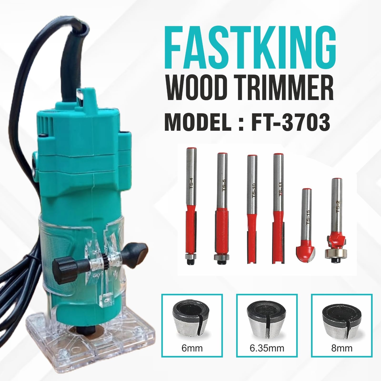 KRISHAK TOOLS Fastking Wood Trimmer/Router With 6-Pieces Different Shaped 6.35MM Router Bit Set 6MM 6.35MM and 8MM Collets 3M long Cord (Subject To Availability Colour (Blue/Cyan)