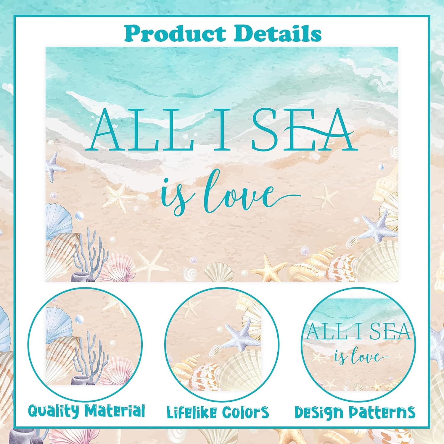 Beach Shell Bridal Shower Decor 4.92*3.28ft All I Sea Is Love Backdrop Banner Mermaid Bachelorette Decor Ocean Nautical Coastal Party Supplies for Surf Summer Seaside Engagement Wedding Party