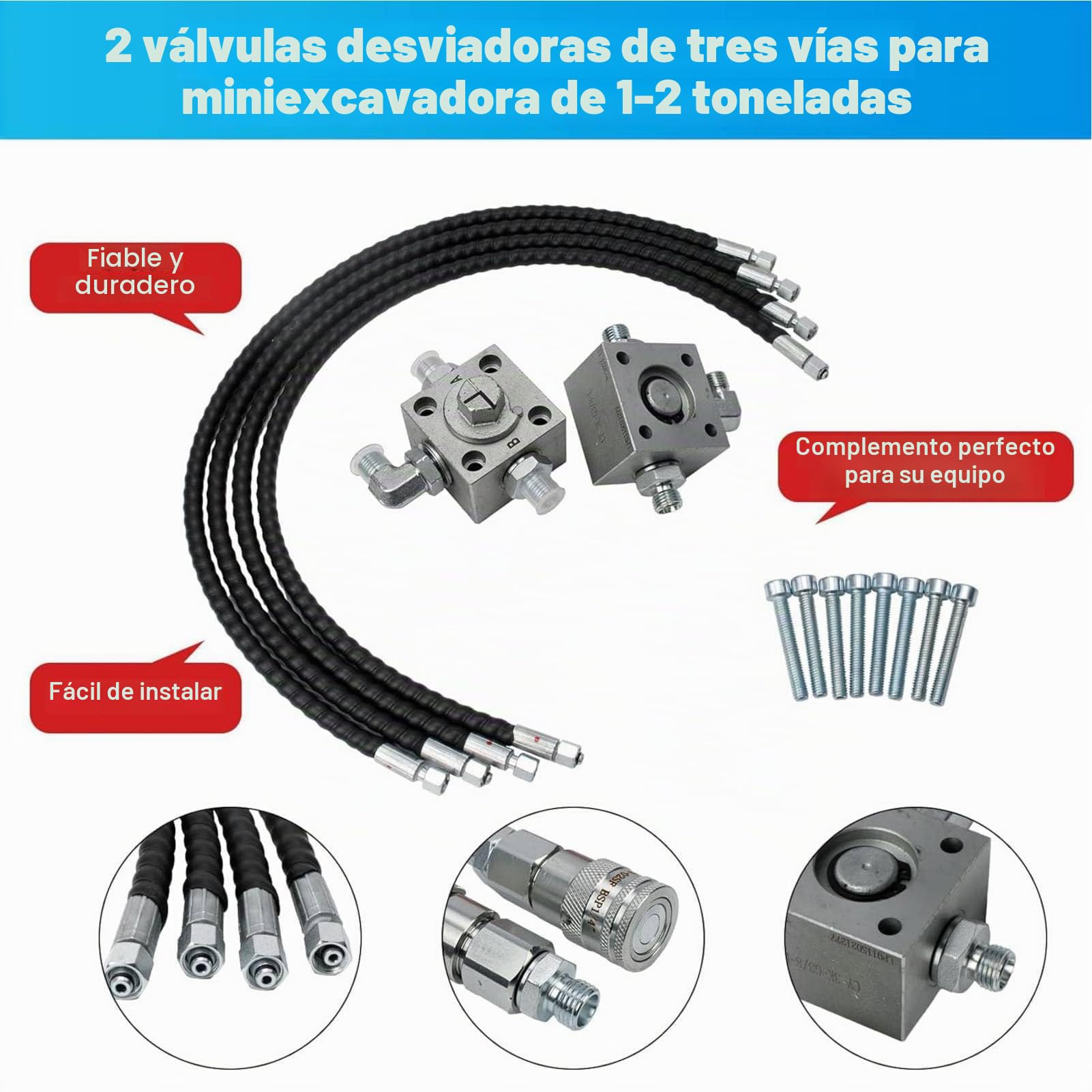 Válvulas Desviadoras de Tres Vías para Miniexcavadoras Chinas de 1 a 2 toneladas, Válvulas Desviadoras Hidráulicas Accesorios para Miniexcavadoras con Mangueras Flexibles de 31