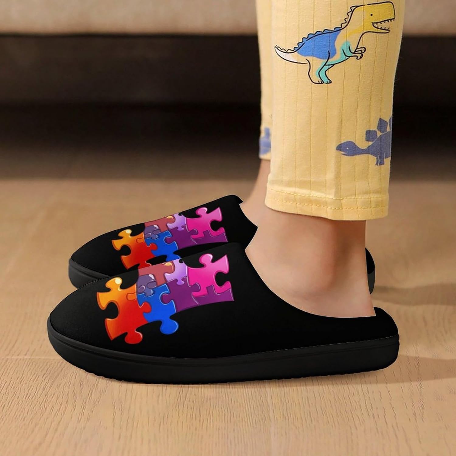 Autism Awareness Puzzle Cotton Slippers for Girls Boys Warm House Shoes for Home Travel