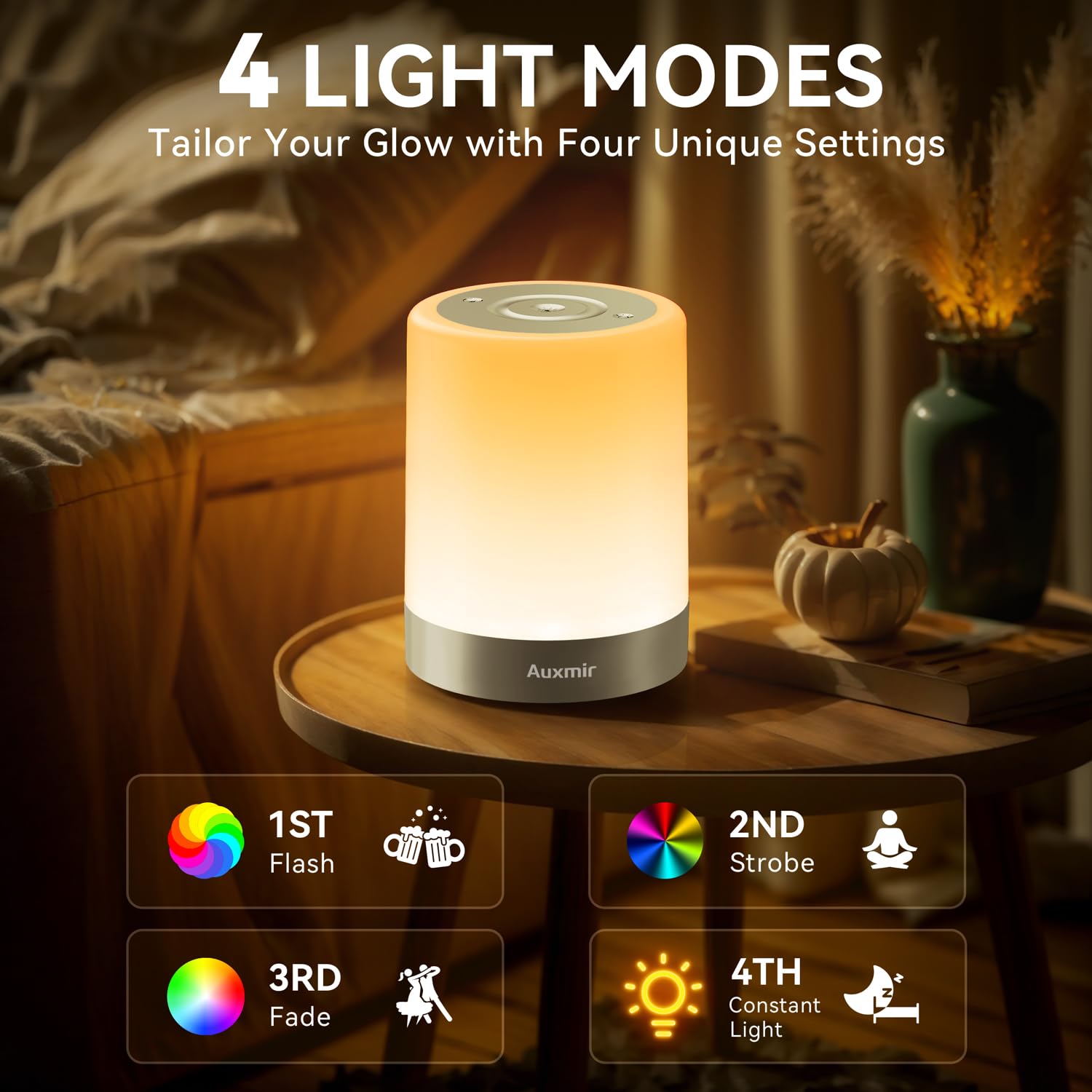 Auxmir Lampada da Comodino LED Touch, Luce Notturna senza Fili, Colori RGB, 4 Modalità, 5 Livelli di Luminosità, Ricaricabile 3000mAh, Funzione Timer, Lampada LED per Cameretta, Camera da letto