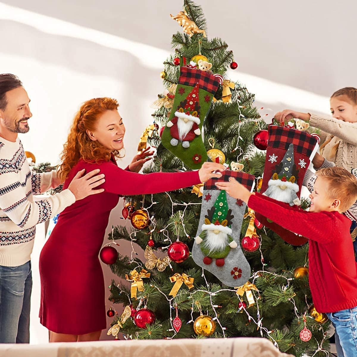 YELAIVP 3 Packs 3D Swedish Santa Gnome Christmas Stockings, 19 Personalized Plush Stocking Xmas Hanging Socks for Home Fireplace Tree Decor