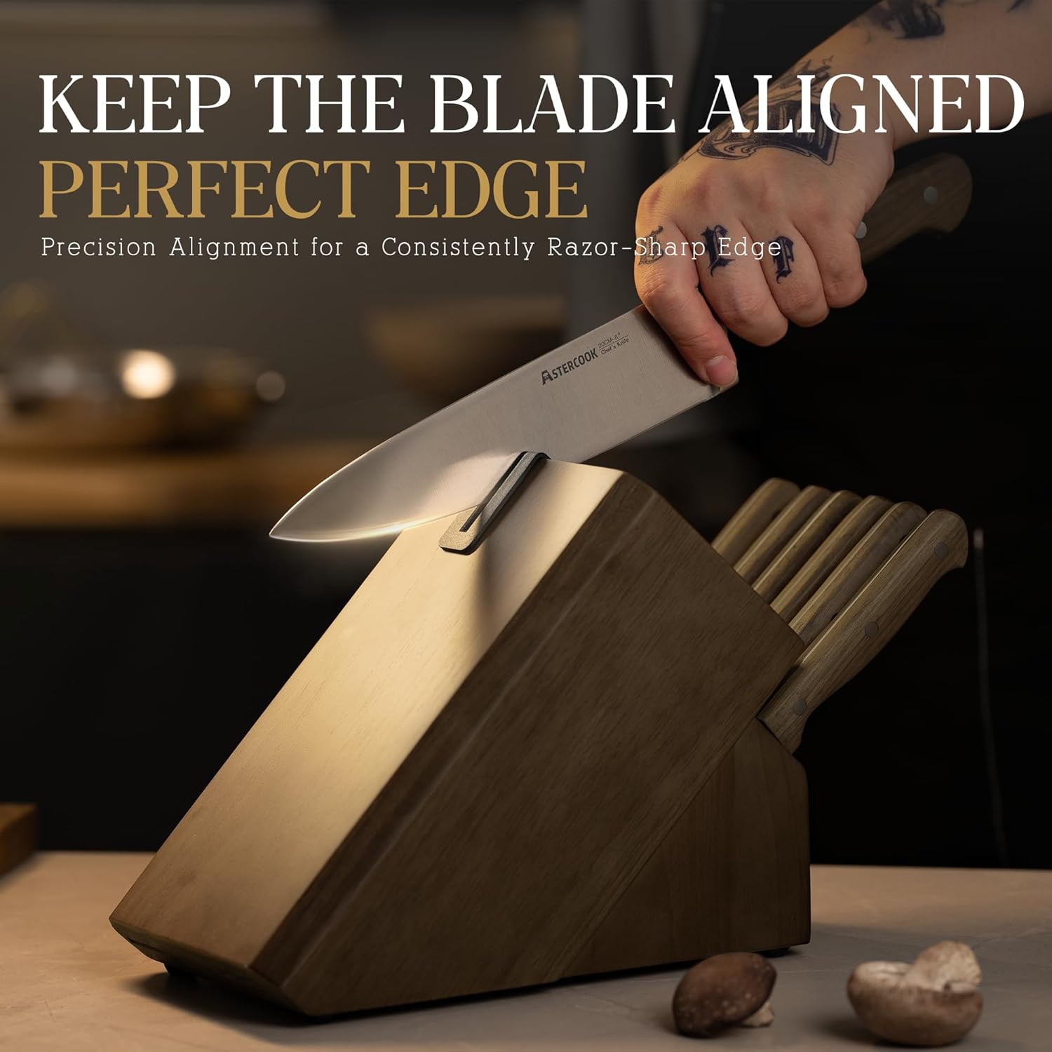 Astercook 17-Piece Knife Block Set with Built-in Sharpener, German Stainless Steel Full Tang Kitchen Knives, Ergonomic Walnut Handle Cutlery Set for Home Cooking & Gifting