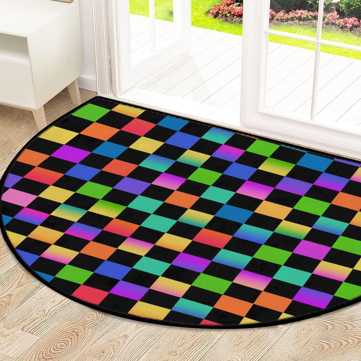 Große halbrunde Fußmatte, regenbogenfarben, kariert, saugfähig, rutschfest, halbrund, Eingangsbereich, niedlich, weich, halbrund, waschbar, Teppich für Küche, Badezimmer, Schlafzimmer, 160 x