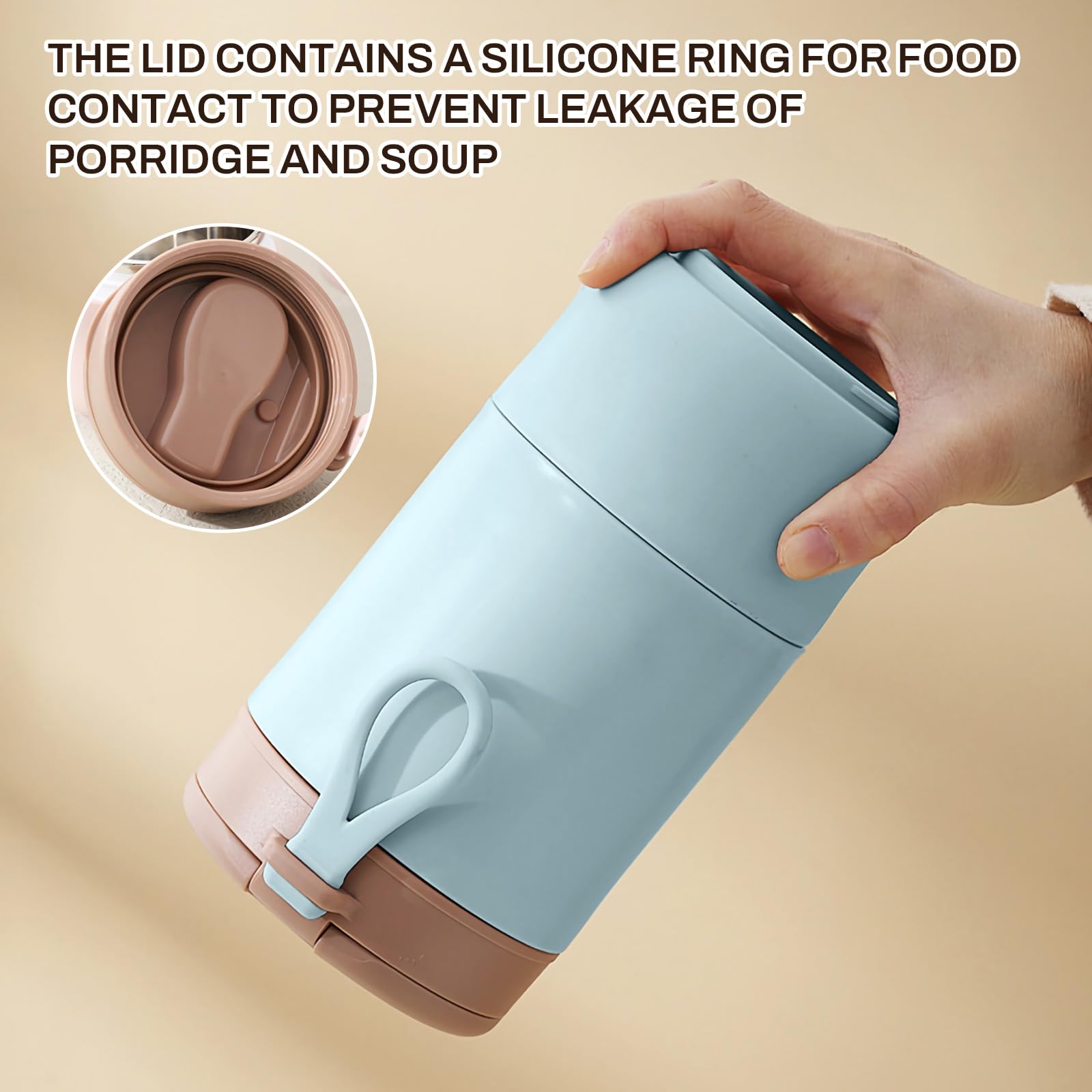 Contenitore per alimenti isolato a tenuta stagna da 15 once, thermos in acciaio inossidabile, isolamento sottovuoto, con cucchiaio, per scuola, lavoro, picnic (blu, doppio strato)