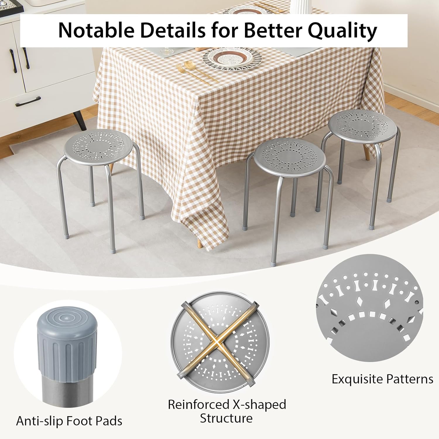 HOMGX Stackable Stools 6 Pack, Portable Stacking Bar Stools w/Round Top & Metal Frame, Commercial Furniture Stacking Stool for Home, Office, Indoor & Outdoor Use (Grey)