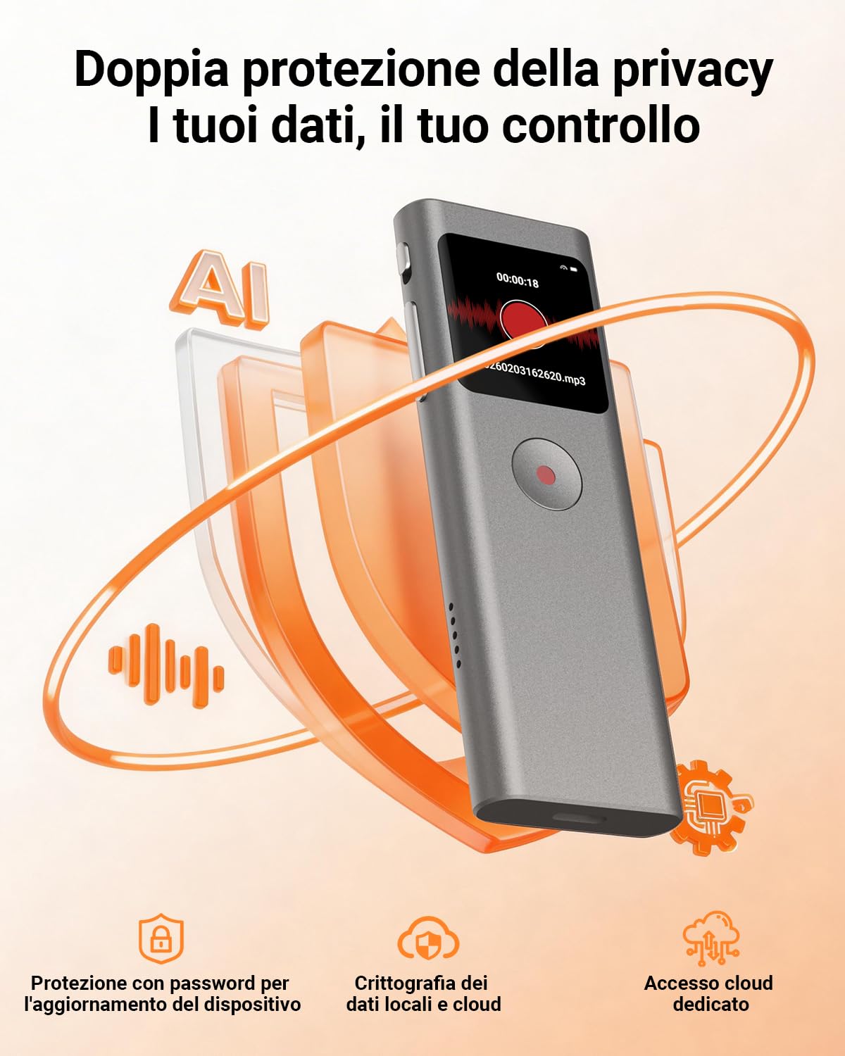 Registratore Vocale AI, 64GB Registratore Digitale Trascrizione e Riassunto Automatico, Supporta 90+ Lingue, Controllo App, Cloud illimitato, con Attivazione Vocale per Riunioni/Lezioni