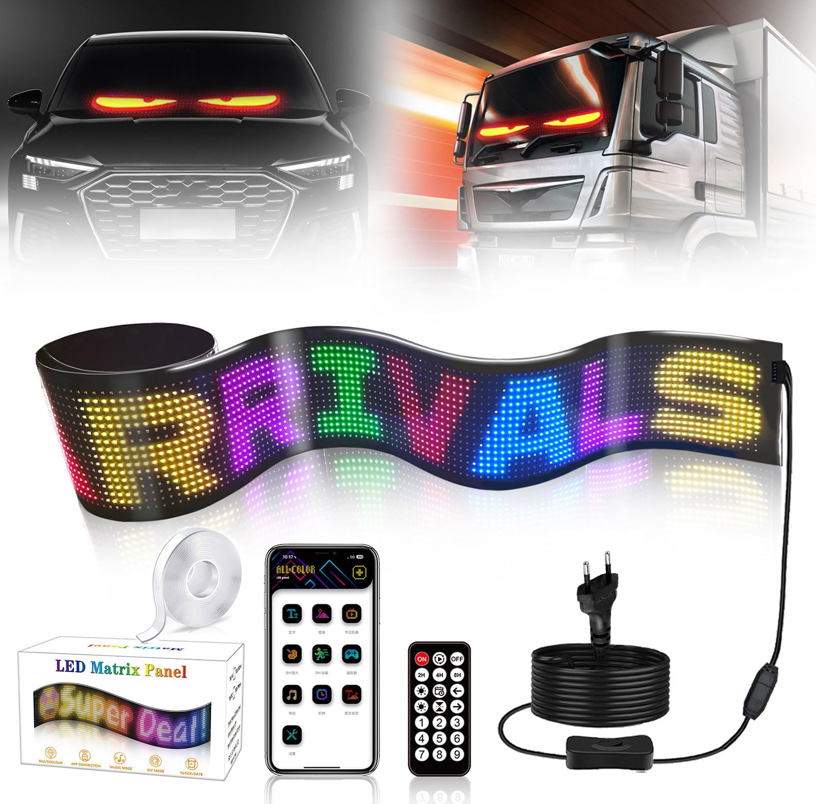 Led Anzeigetafel,Flexibler Anzeige Programmierbar,USB/Stecker,Bluetooth-App-Steuerung RGB Panel,Wasserdicht Scrolling Personalisiert Leuchtschild Namensschild mit Fernbedienung (16x192px 19.2x176.2cm)