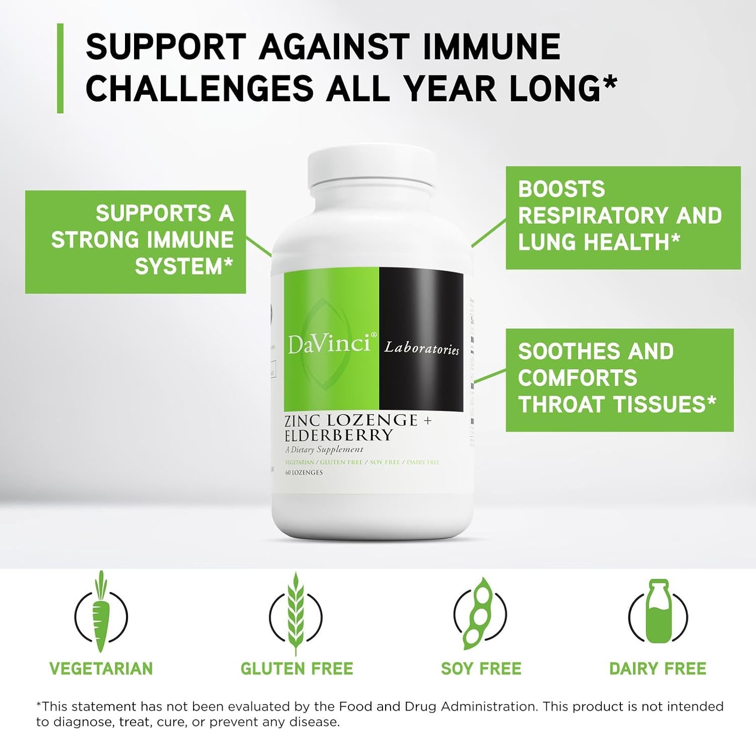 DAVINCI Labs Zinc Lozenge + Elderberry - Supplement to Support Immune System, Healthy Lungs & Throat Tissues* - with Vitamin D3, Zinc, Elderberry & More - Lemon Flavor - 60 Lozenges