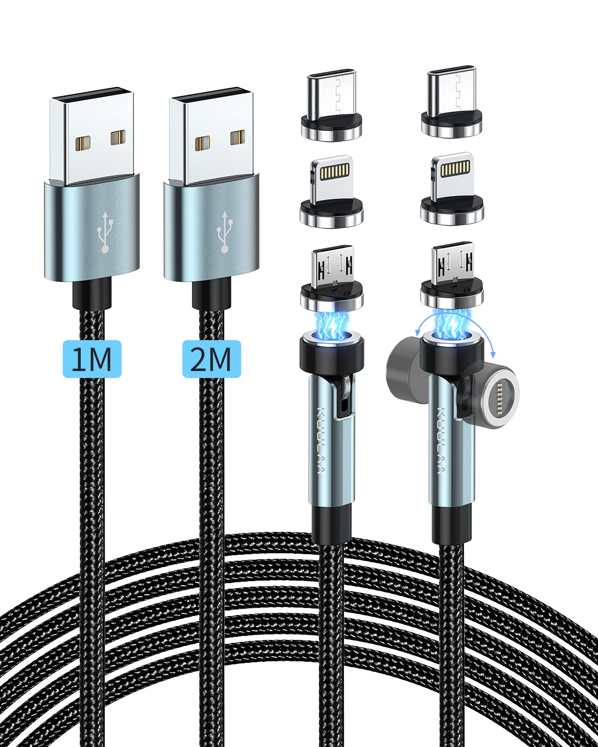 Kuulaa Cavo di Ricarica Magnetico 3 in 1, Cavo Magnetico USB [1M+2M], Cavo Magnetico Rotante di 360° e 180°, ricarica rapida 3A e trasferimento dati per Micro USB/Tipo C/iProducts
