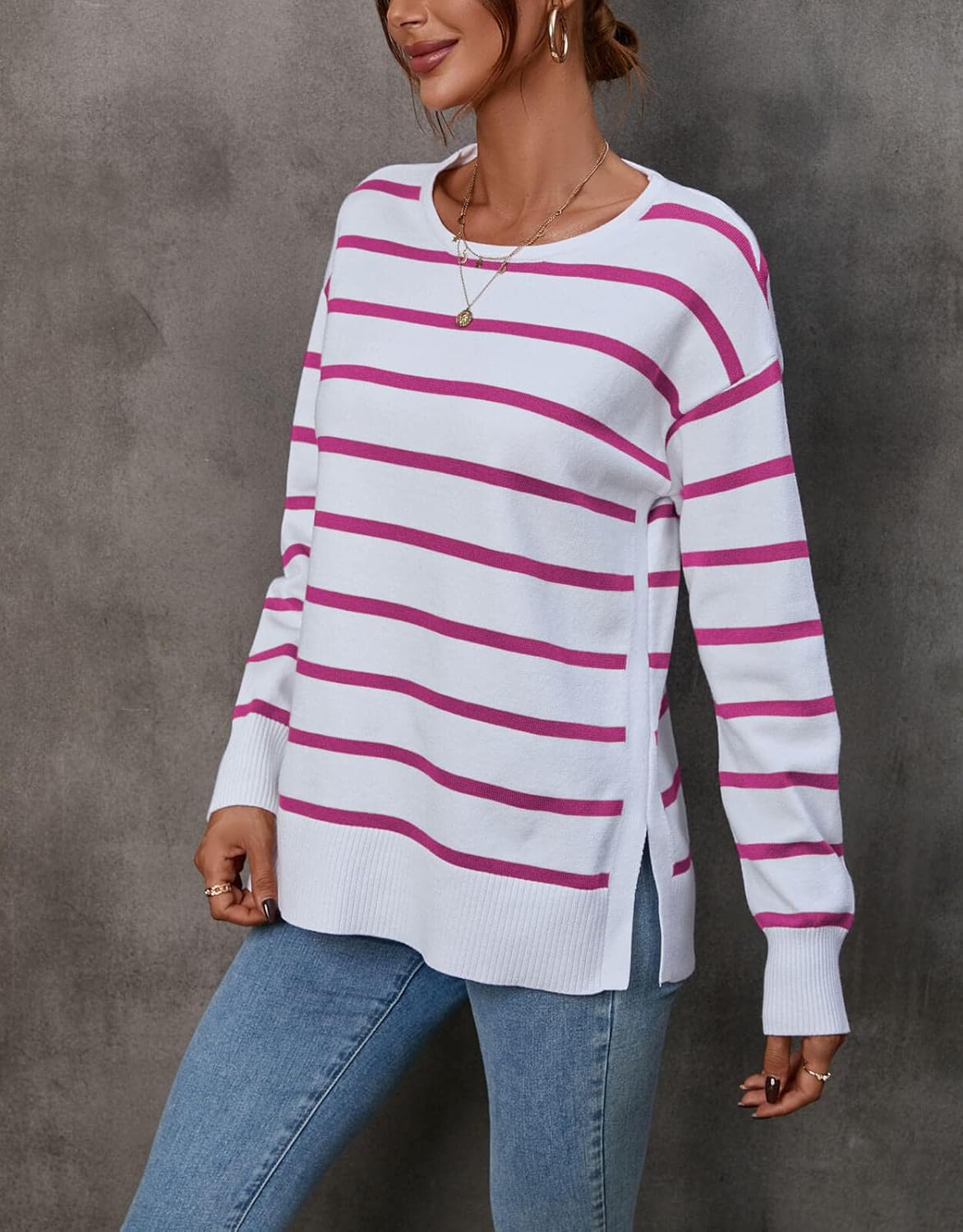 shermie Womens Stripes Sweaters Long Sleeve Crewneck Elbow Patch Cute Heart Pullover Sweater - Image 2