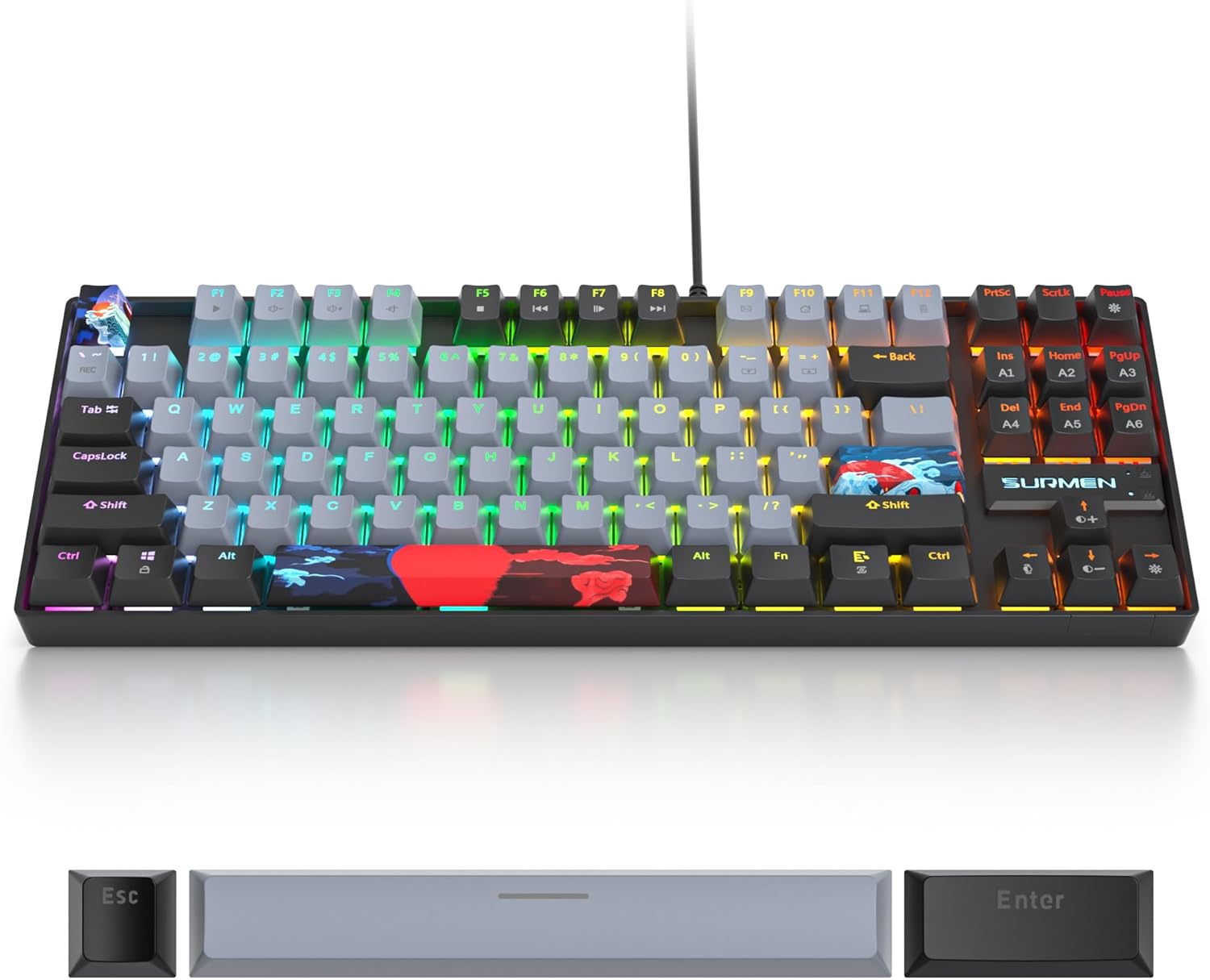 75% Mechanical Gaming Keyboard with Red Switch, RGB LED Backlit Keyboard Grey, 87 Keys Compact TKL Wired Computer Keyboard for Windows Laptop PC Gamer (87 Dolch)