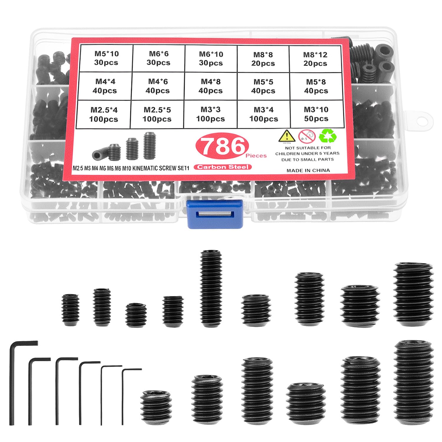 QWORKยฎ 786 Pcs Assorted Grub Screws Set, M2.5 M3 M4 M5 M6 M8 Metric Cup Point - Carbon Steel, Hex Head, Corrosion Resistant for Door Handles & More