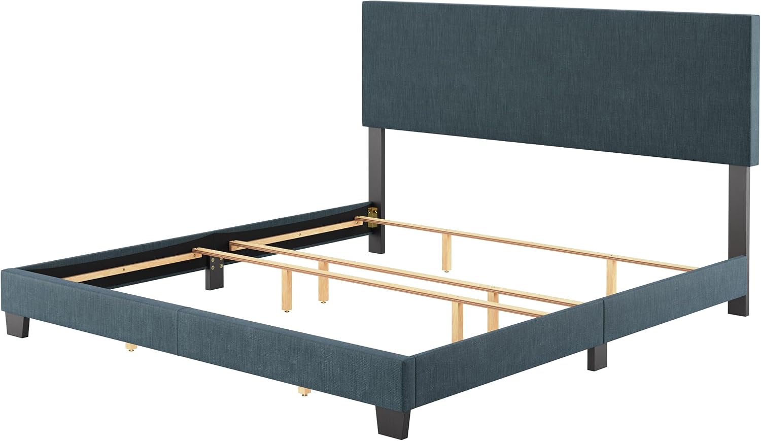 Front view of assembled bed frame without slats, showing headboard, footboard, and side rails