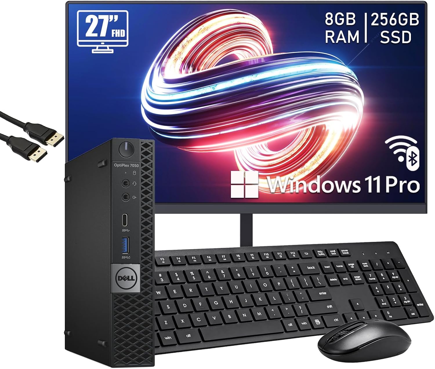 Dell OptiPlex 7050 Mini Windows 11 Pro Desktop Computer PC with 27" FHD Monitor, Intel Core i5-7500T, 8 GB RAM, 256 GB SSD, USB Wi-Fi & Bluetooth, Keyboard & Mouse (Renewed)