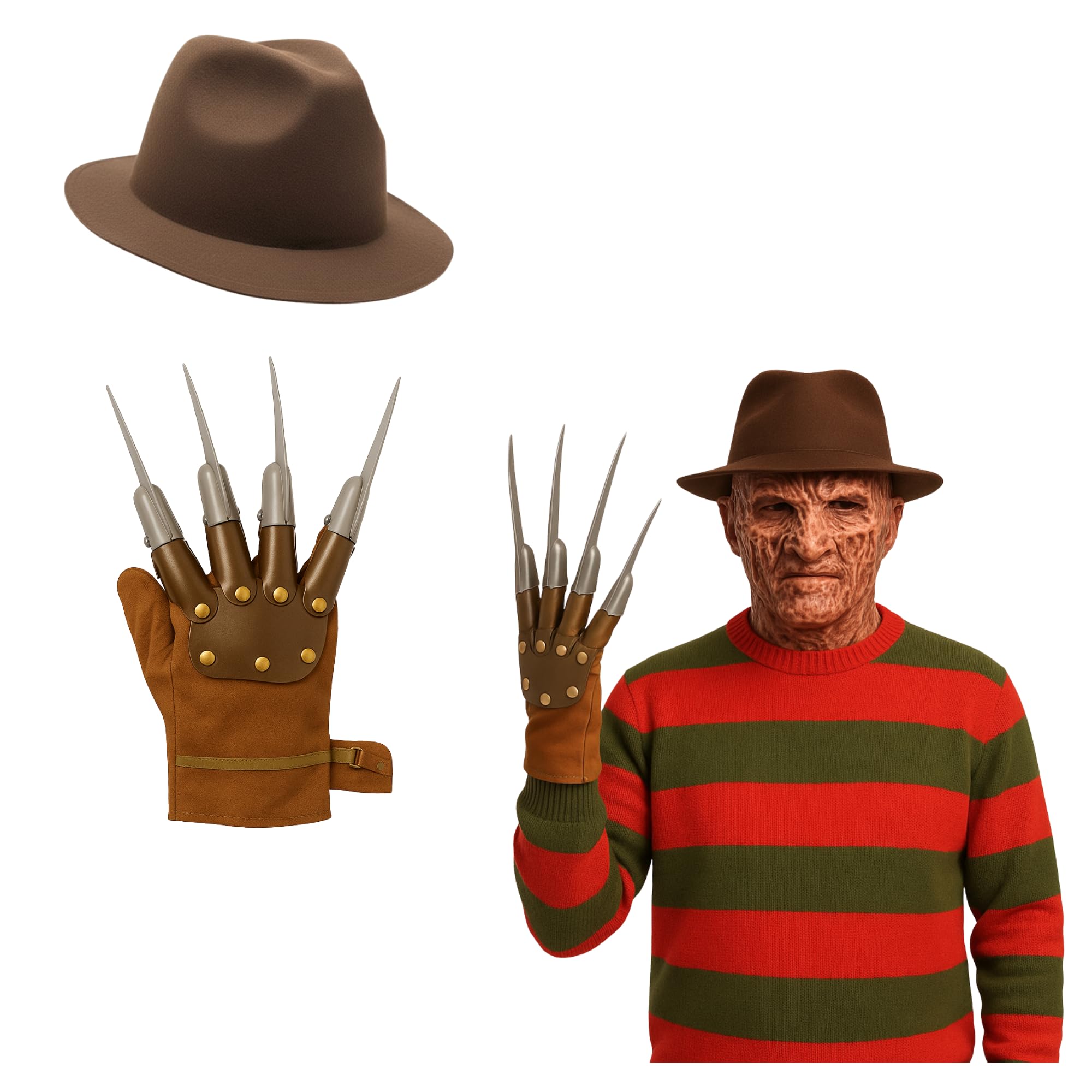 FNA FASHIONS Adult Freddy-Inspired Brown Explorer Hat & Claw Glove Set | Unisex Halloween Fancy Dress Nightmare Cosplay Accessory (Soft Felt Hat & Claw Glove Set)