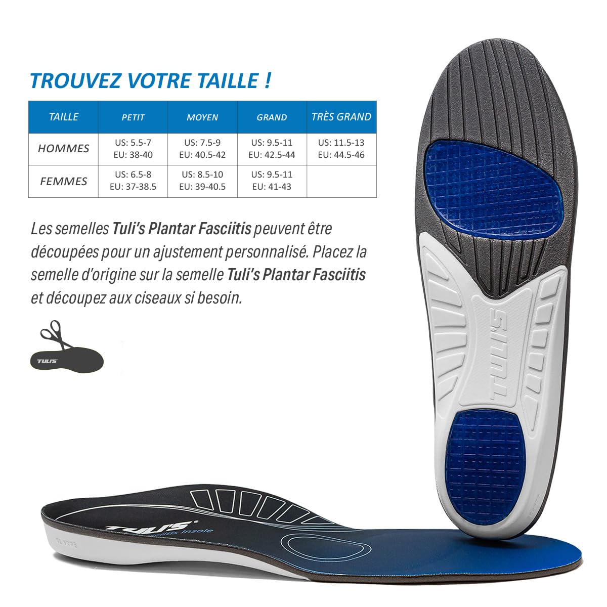 Tuli's Plantar Fasciitis Insoles Semelles de Soutien X-Grand, 1 Paire | Fasciite Plantaire – Arches et Soulagement des Douleurs du Pied, Amorti Antichoc Premium