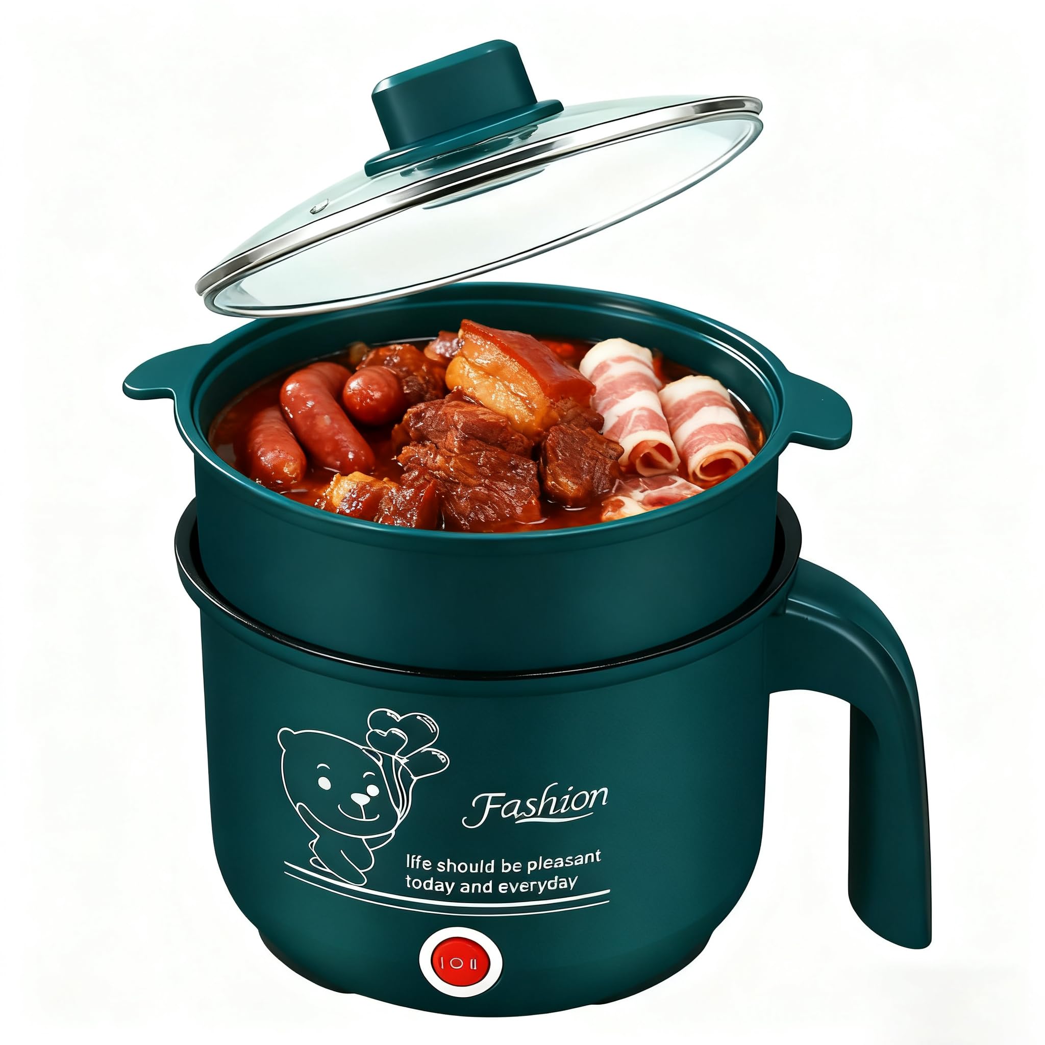 Mini Hot Pot Ramen Cooker, Pentola elettrica da viaggio, Padella elettrica portatile multiuso, Per dormitorio dell'home Office, Lnclude vaporiera in acciaio inox(300W/600W, Verde, 1.8L)