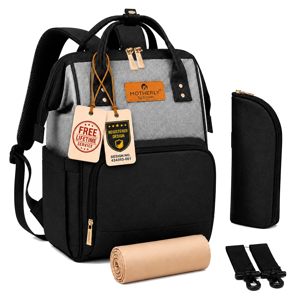 Motherly Crown Diaper Bag for Mothers for Travel with Mat, Stroller Hook, Bottle Cover/Multipocket Baby Bag/Water-resistant Diaper bags for mom/Maternity Bags for Mother and Baby (Black & Gray)
