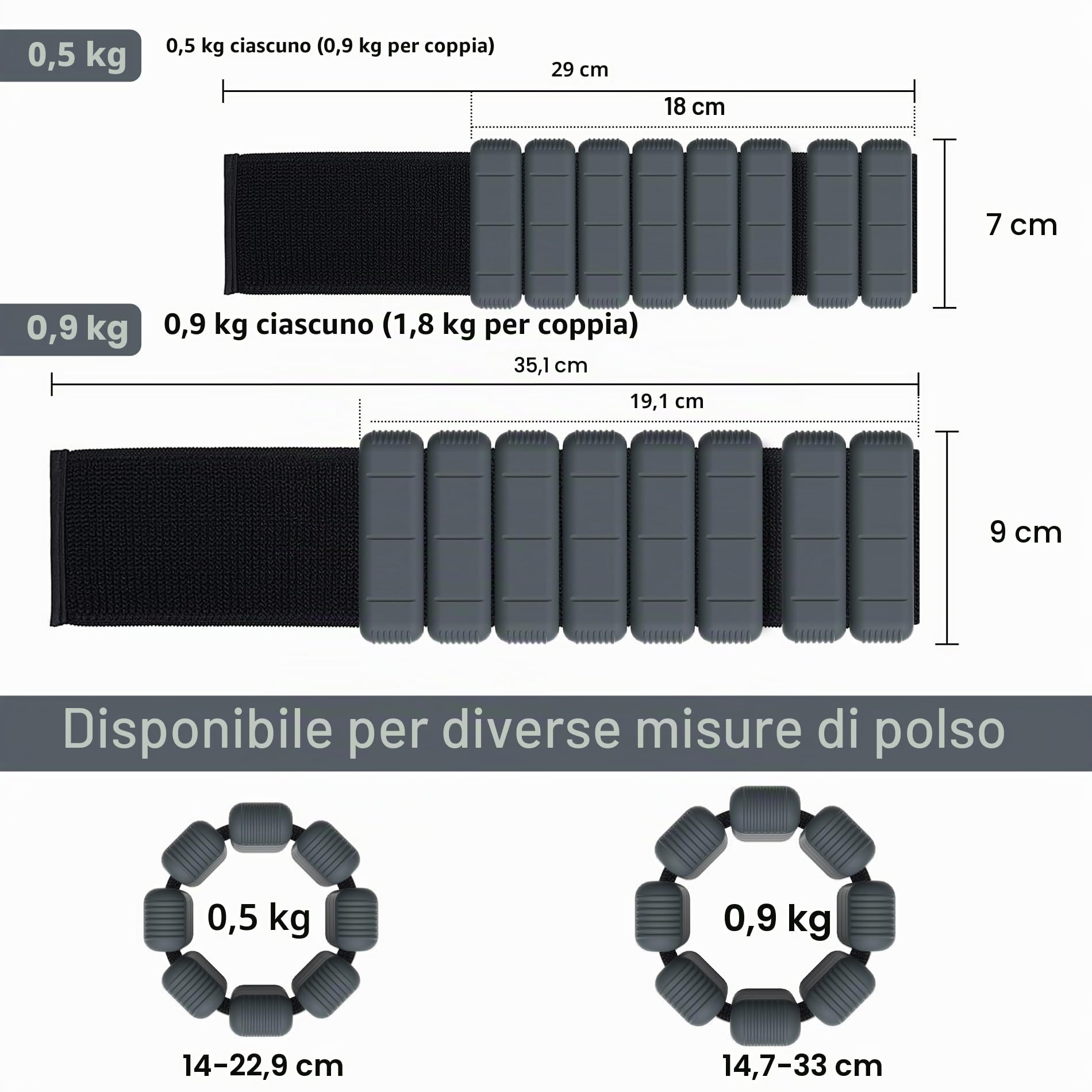 TOPESCT pesi per polsi e cavigliere indossabili set di 2 (0,5 kg/0,9 kg ciascuno),braccialetti regolabili con pesi per allenamento di forza,camminata,corsa,pilates,jogging,yoga