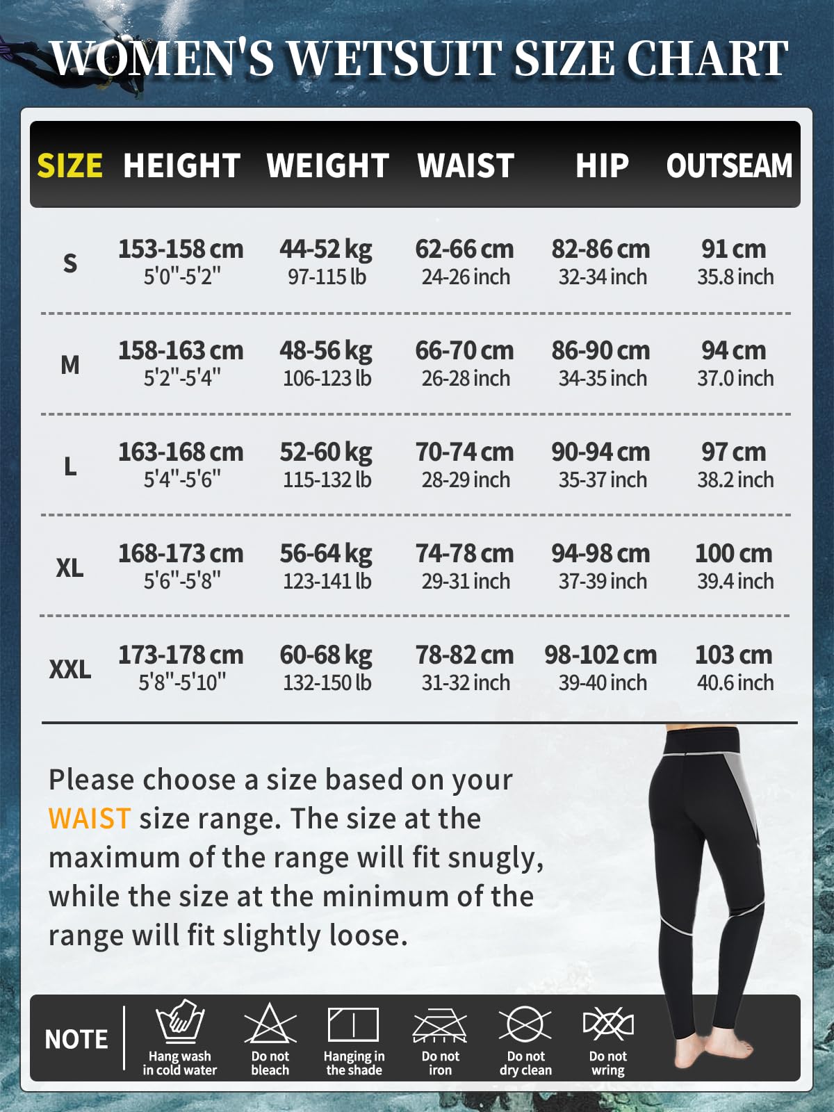 Owntop Pantalon de plongée | Legging de plongée et de natation pour homme et femme | Bas de combinaison en néoprène de 2 mm | Chaud et confortable | Surf, plongée avec tuba, aquatique et aérobic